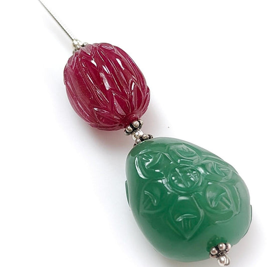 Green Quartzite & Glass Filled Ruby Carving Loose Beads