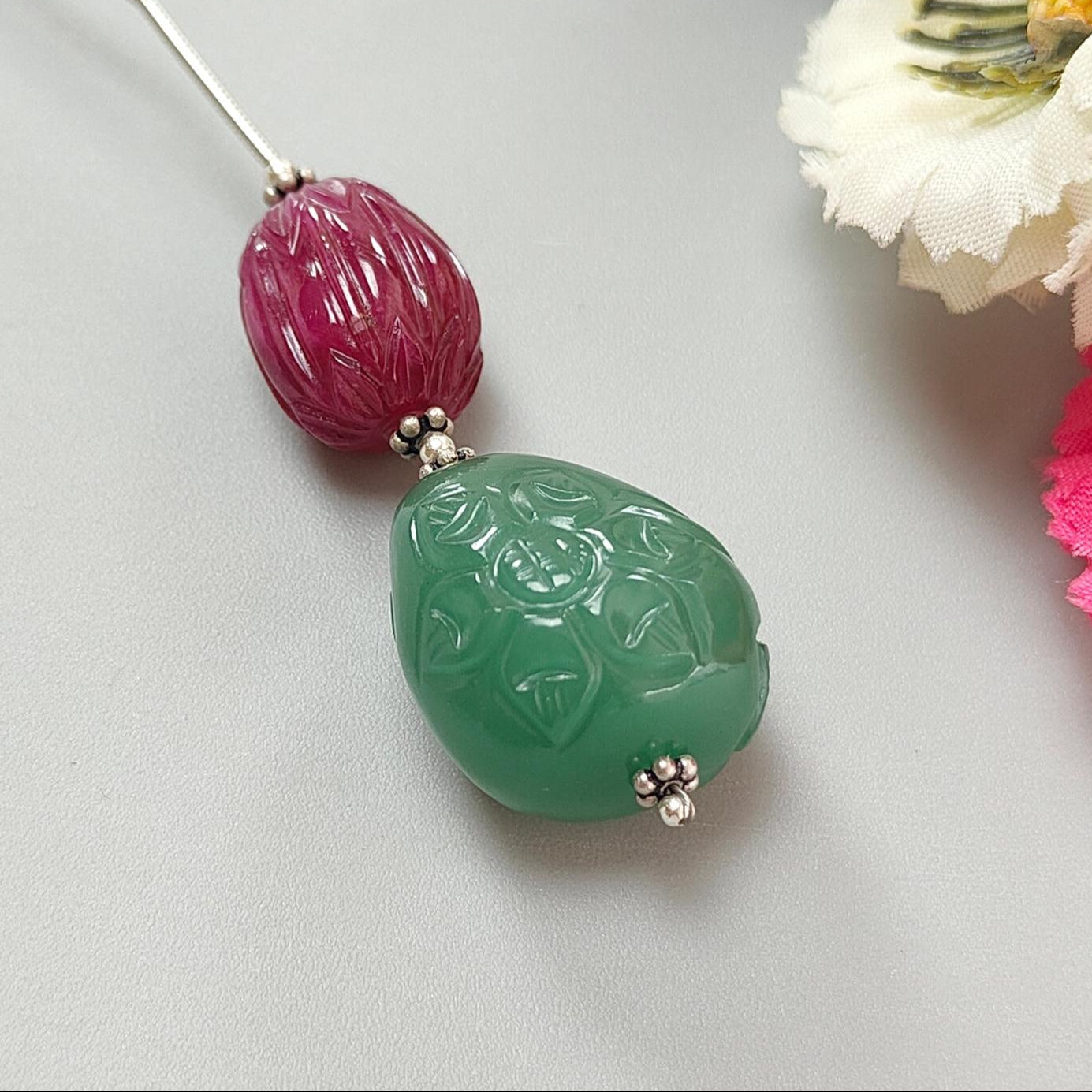 Green Quartzite & Glass Filled Ruby Carving Loose Beads: 70.30ct Natural Quartz Gemstone 925 Silver Oval Fancy Hand Carved 16*13mm - 21*19mm
