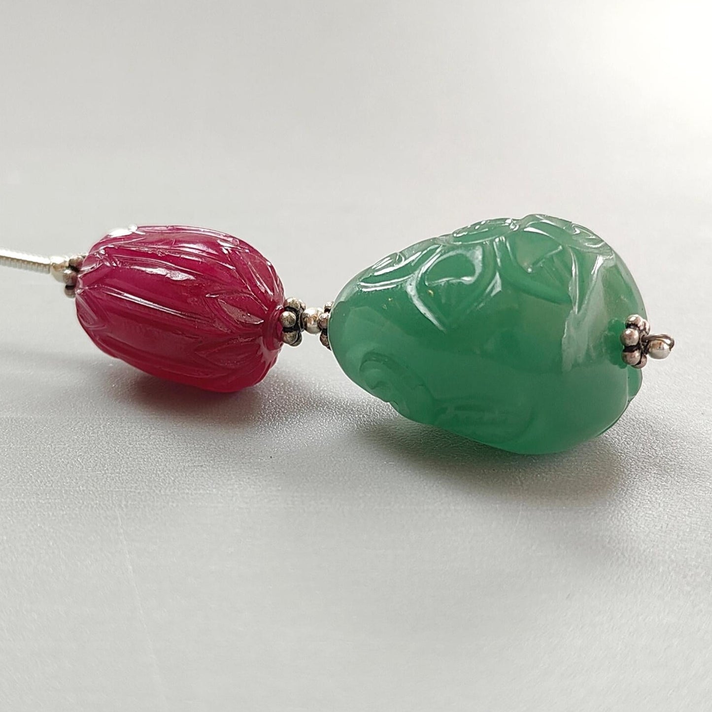 Green Quartzite & Glass Filled Ruby Carving Loose Beads: 70.30ct Natural Quartz Gemstone 925 Silver Oval Fancy Hand Carved 16*13mm - 21*19mm