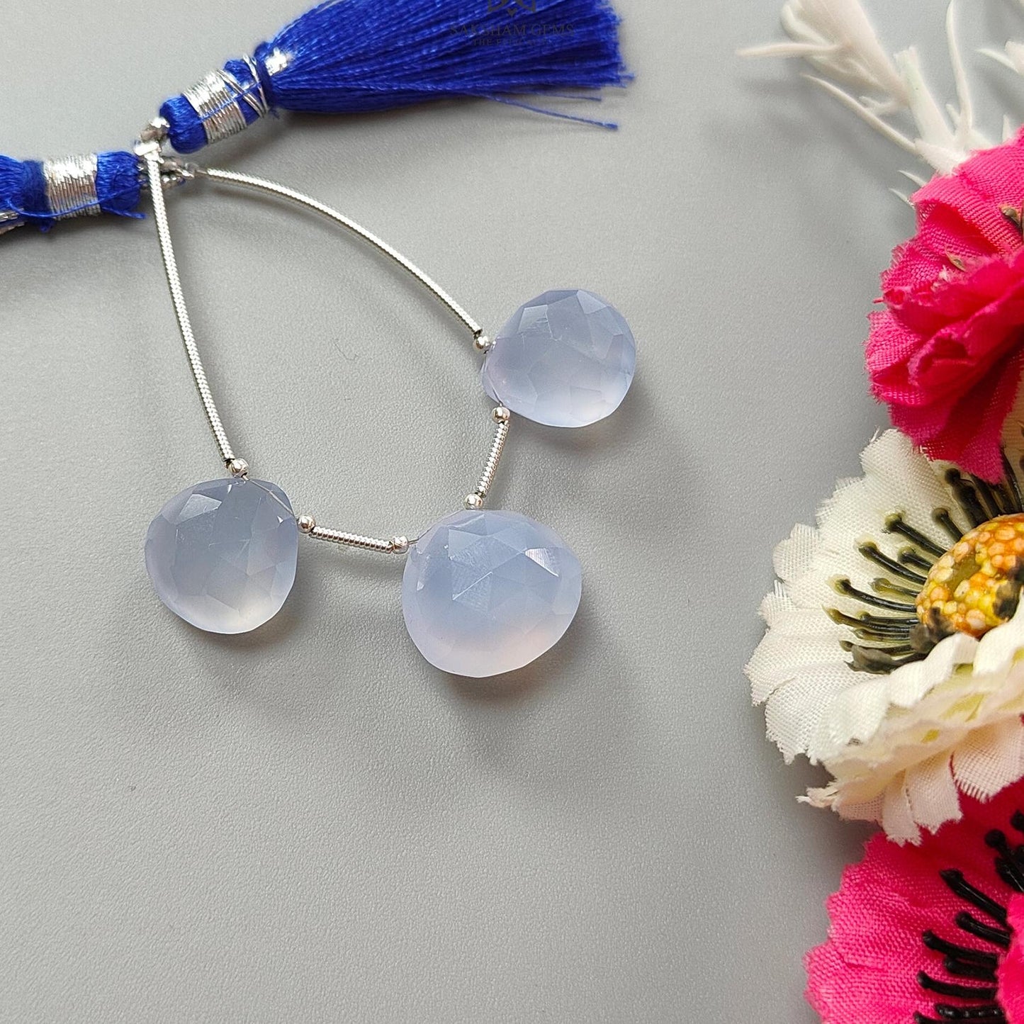 Blue Chalcedony Faceted Loose Beads: 33.80cts Natural Untreated Chalcedony Gemstone 925 Silver Heart Checker Cut Briolette 10mm - 14mm