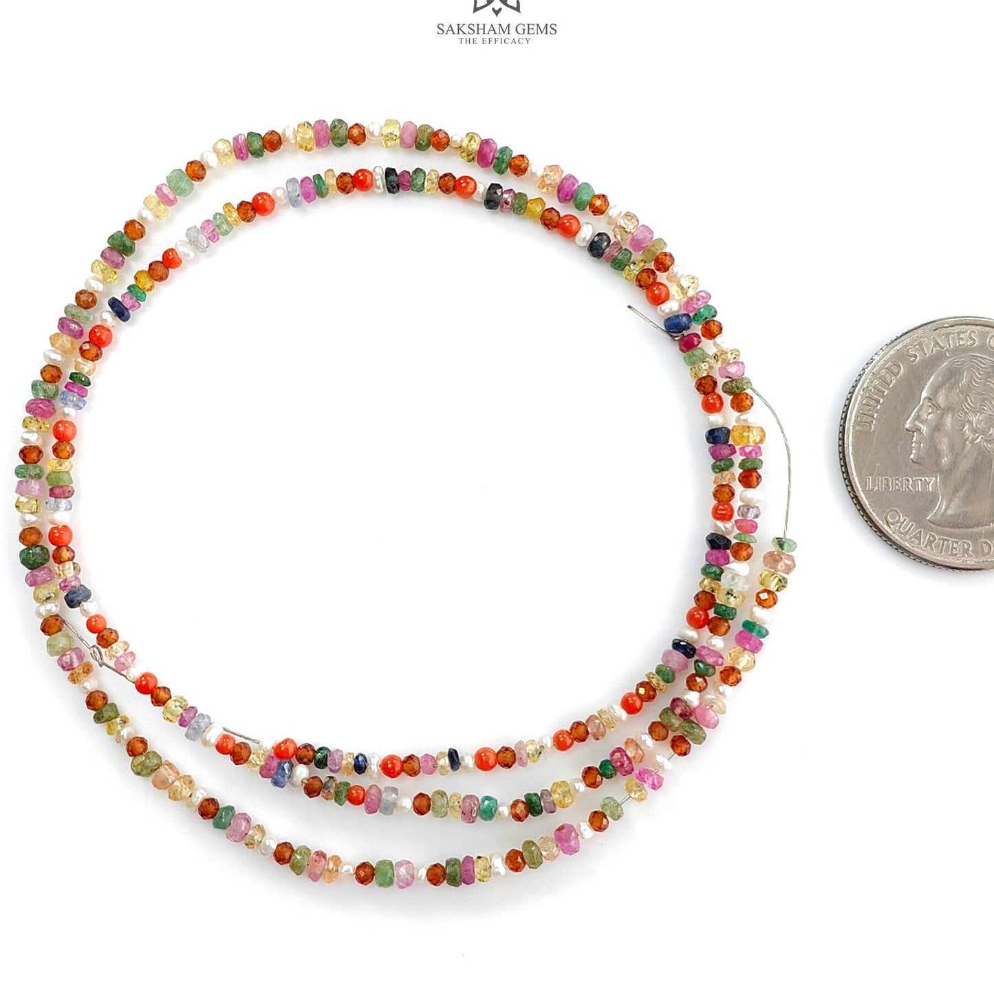Natural Untreated Precious Gemstone NAVRATNA Multi Sapphire Round Pearl Coral Hessonite Emerald Ruby 23.70cts, 2.5mm 18" Faceted Loose Beads