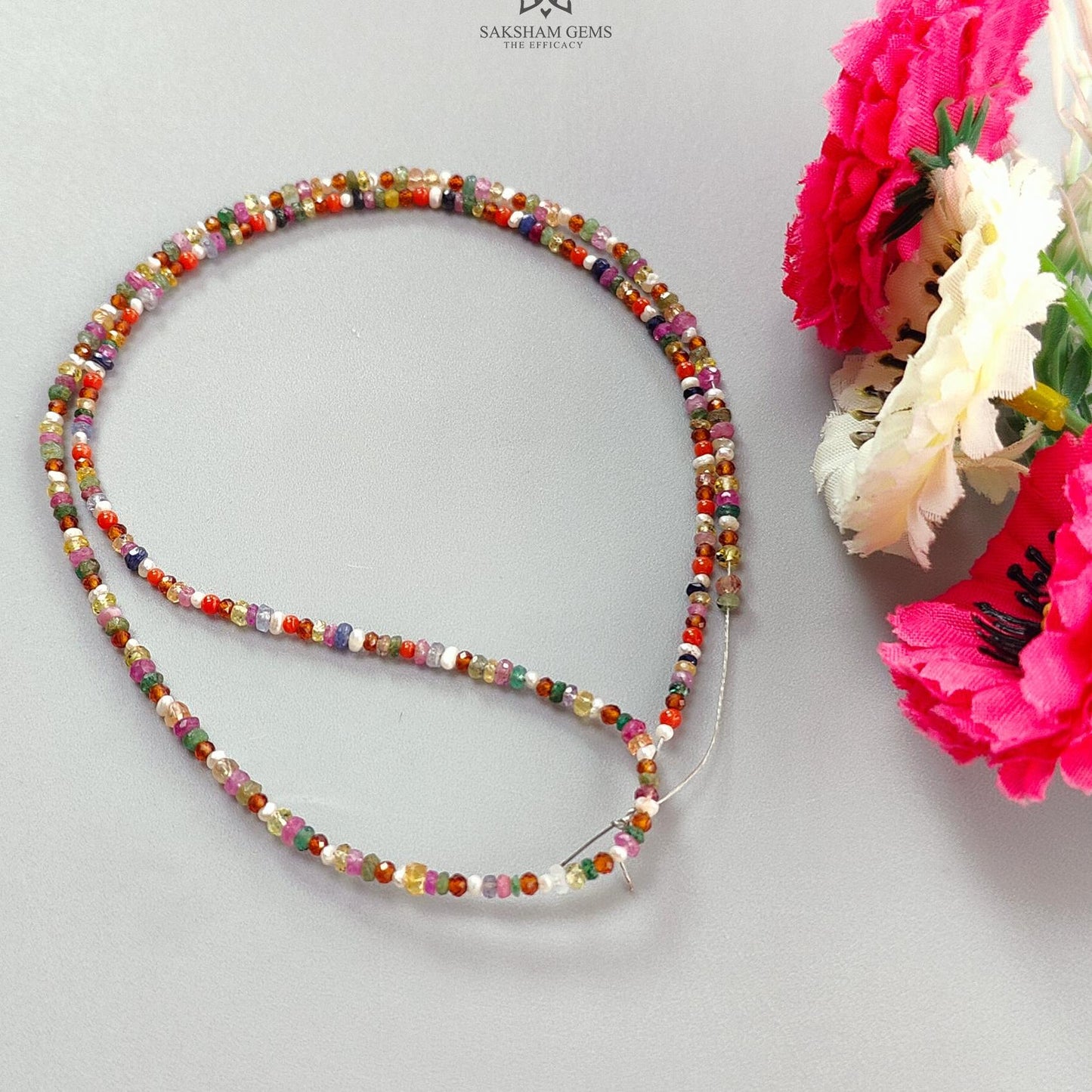 Natural Untreated Precious Gemstone NAVRATNA Multi Sapphire Round Pearl Coral Hessonite Emerald Ruby 23.70cts, 2.5mm 18" Faceted Loose Beads