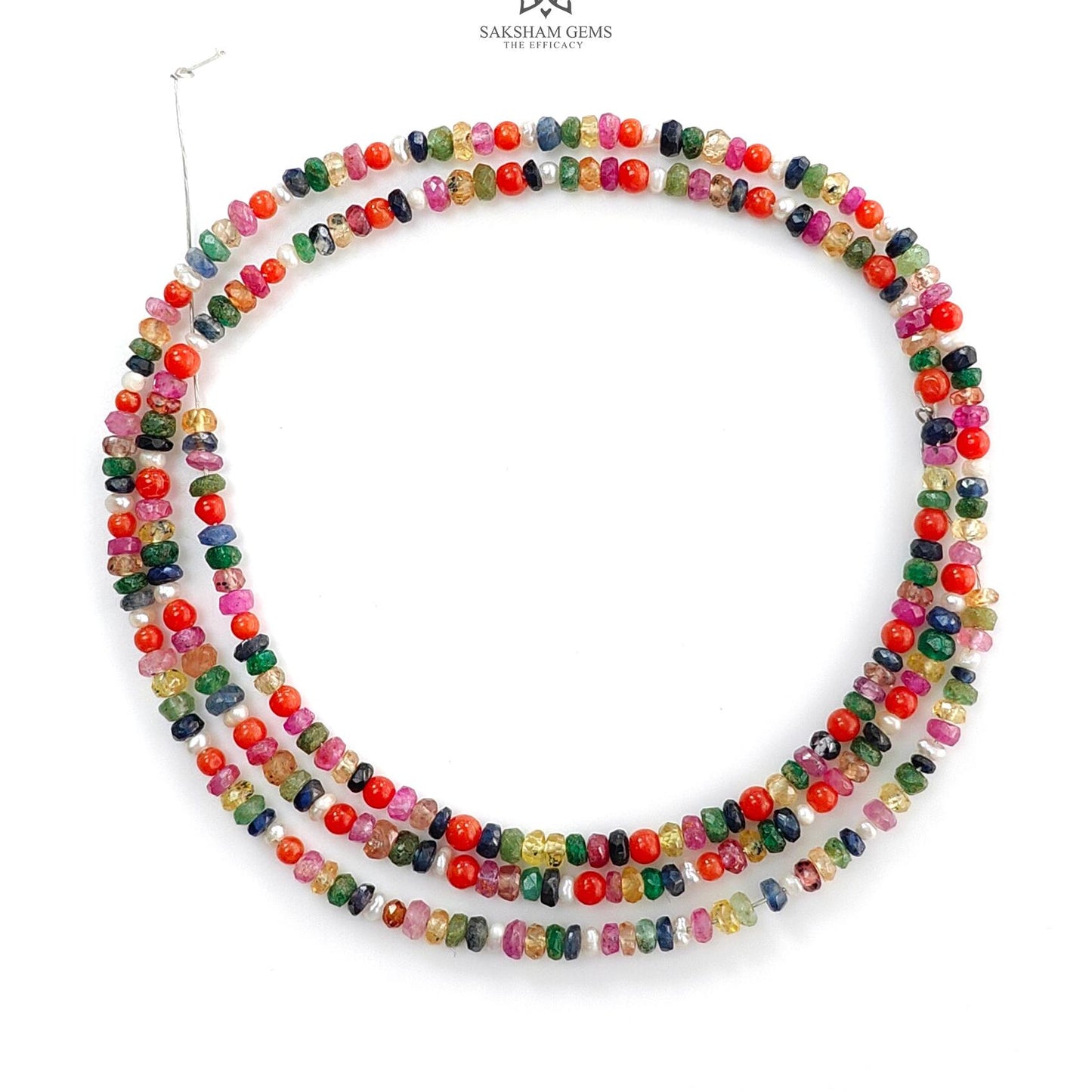 Natural Precious Gemstone NAVRATNA Multi Sapphire Round Pearl Coral Hessonite Emerald Ruby 28.20cts, 2.5mm - 3mm 18" Faceted Loose Beads