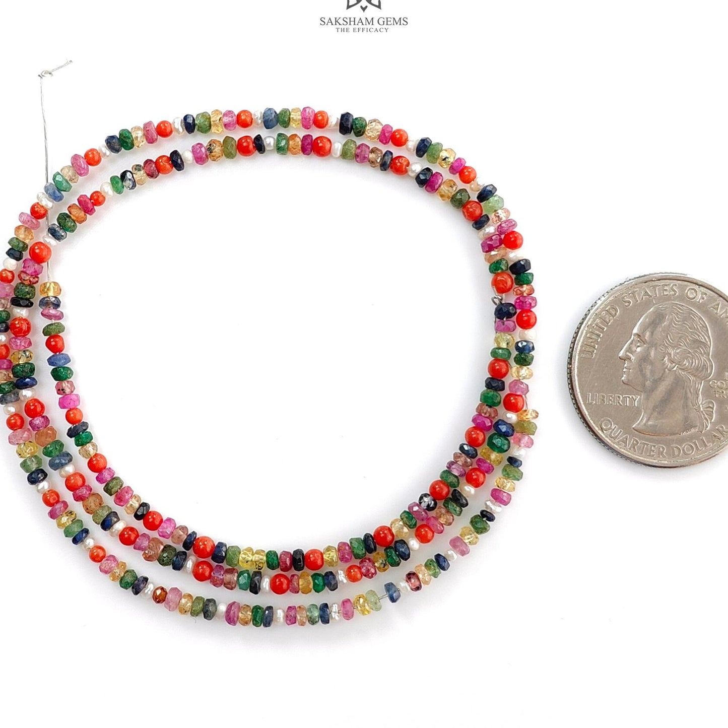Natural Precious Gemstone NAVRATNA Multi Sapphire Round Pearl Coral Hessonite Emerald Ruby 28.20cts, 2.5mm - 3mm 18" Faceted Loose Beads