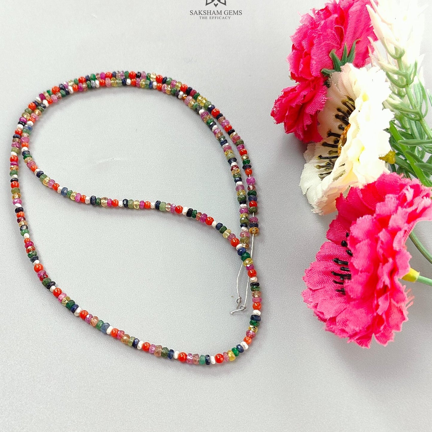 Natural Precious Gemstone NAVRATNA Multi Sapphire Round Pearl Coral Hessonite Emerald Ruby 28.20cts, 2.5mm - 3mm 18" Faceted Loose Beads