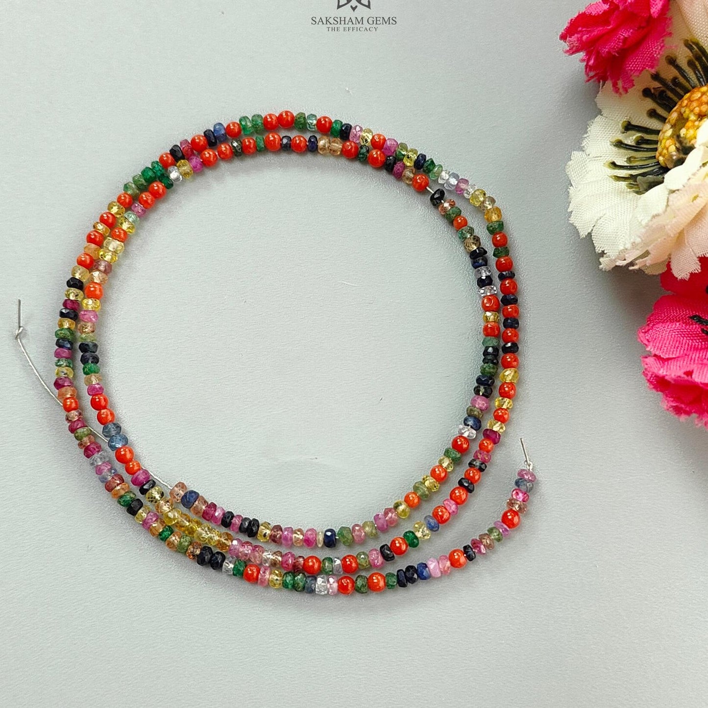 Natural Precious Gemstone NAVRATNA Multi Sapphire Round Pearl Coral Hessonite Emerald Ruby 30.20cts, 2.5mm - 3mm 17.5" Faceted Loose Beads