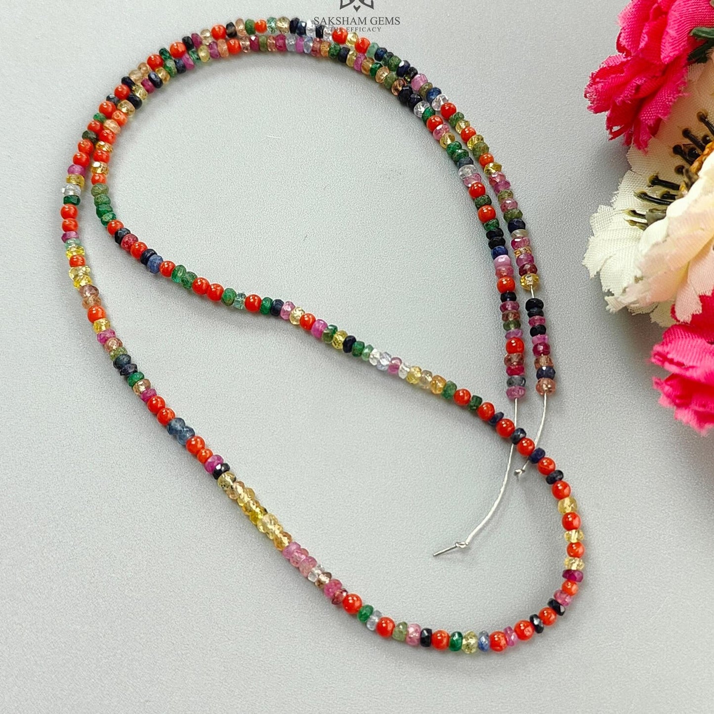 Natural Precious Gemstone NAVRATNA Multi Sapphire Round Pearl Coral Hessonite Emerald Ruby 30.20cts, 2.5mm - 3mm 17.5" Faceted Loose Beads