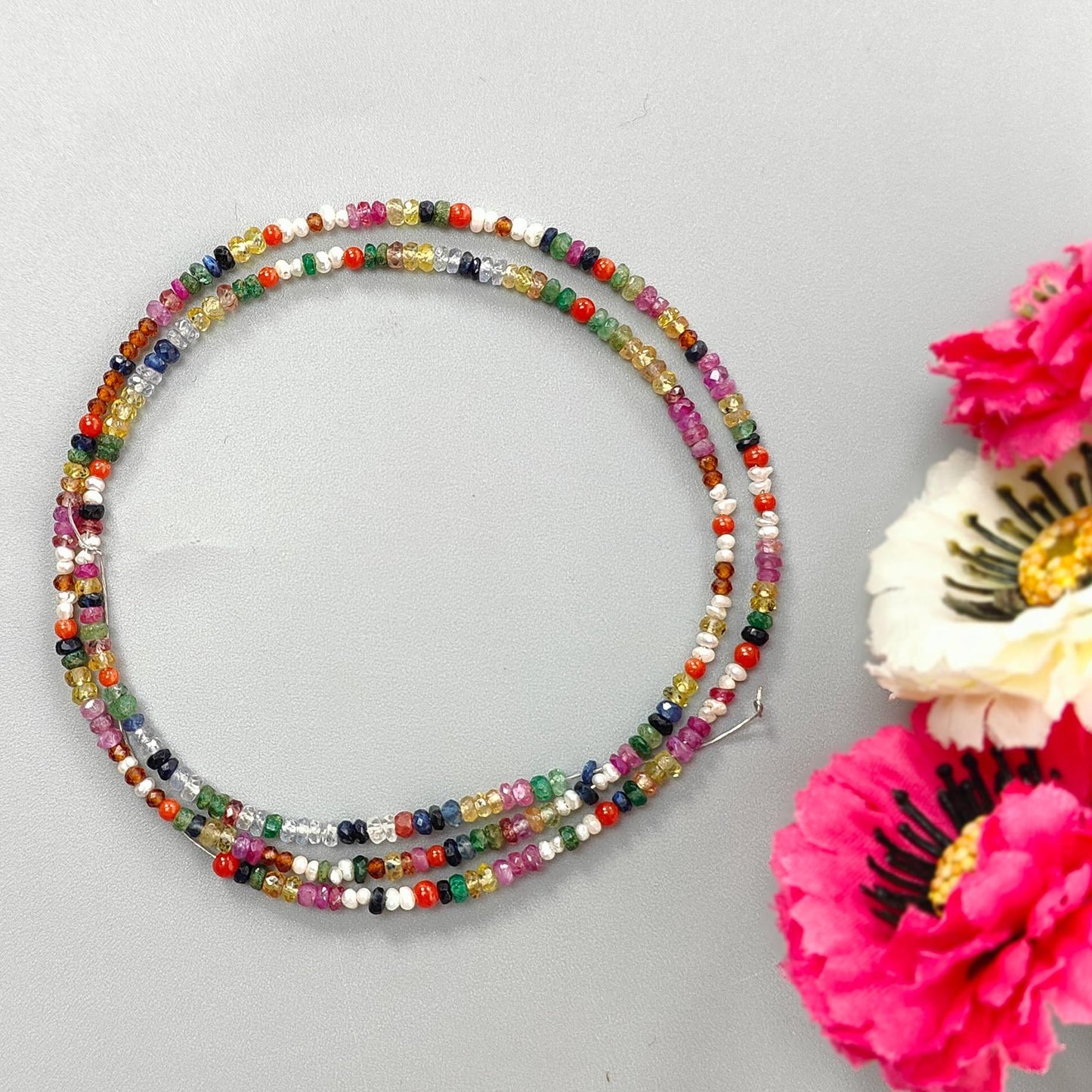 Natural Precious Gemstone NAVRATNA Multi Sapphire Round Pearl Coral Hessonite Emerald Ruby 28.10cts, 2.5mm - 3mm 18" Faceted Loose Beads