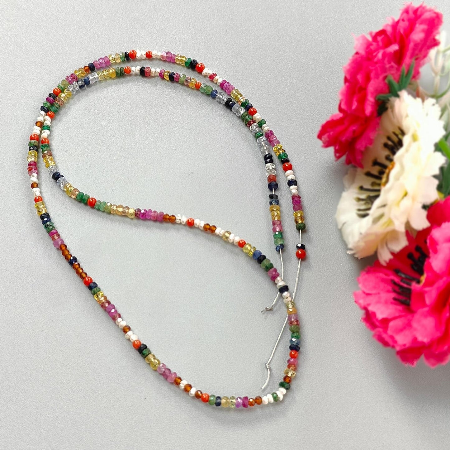 Natural Precious Gemstone NAVRATNA Multi Sapphire Round Pearl Coral Hessonite Emerald Ruby 28.10cts, 2.5mm - 3mm 18" Faceted Loose Beads