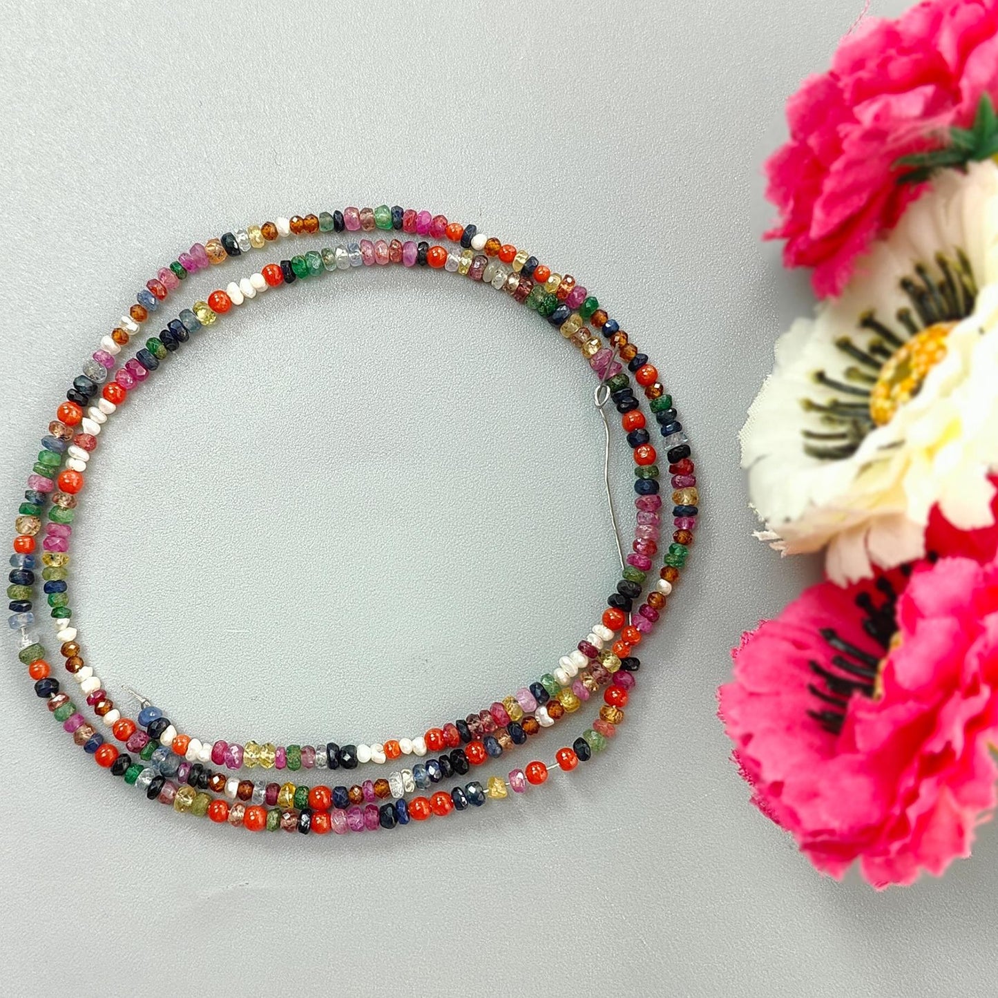 Natural Precious Gemstone NAVRATNA Multi Sapphire Round Pearl Coral Hessonite Emerald Ruby 28.50cts, 2.5mm - 3mm 18" Faceted Loose Beads