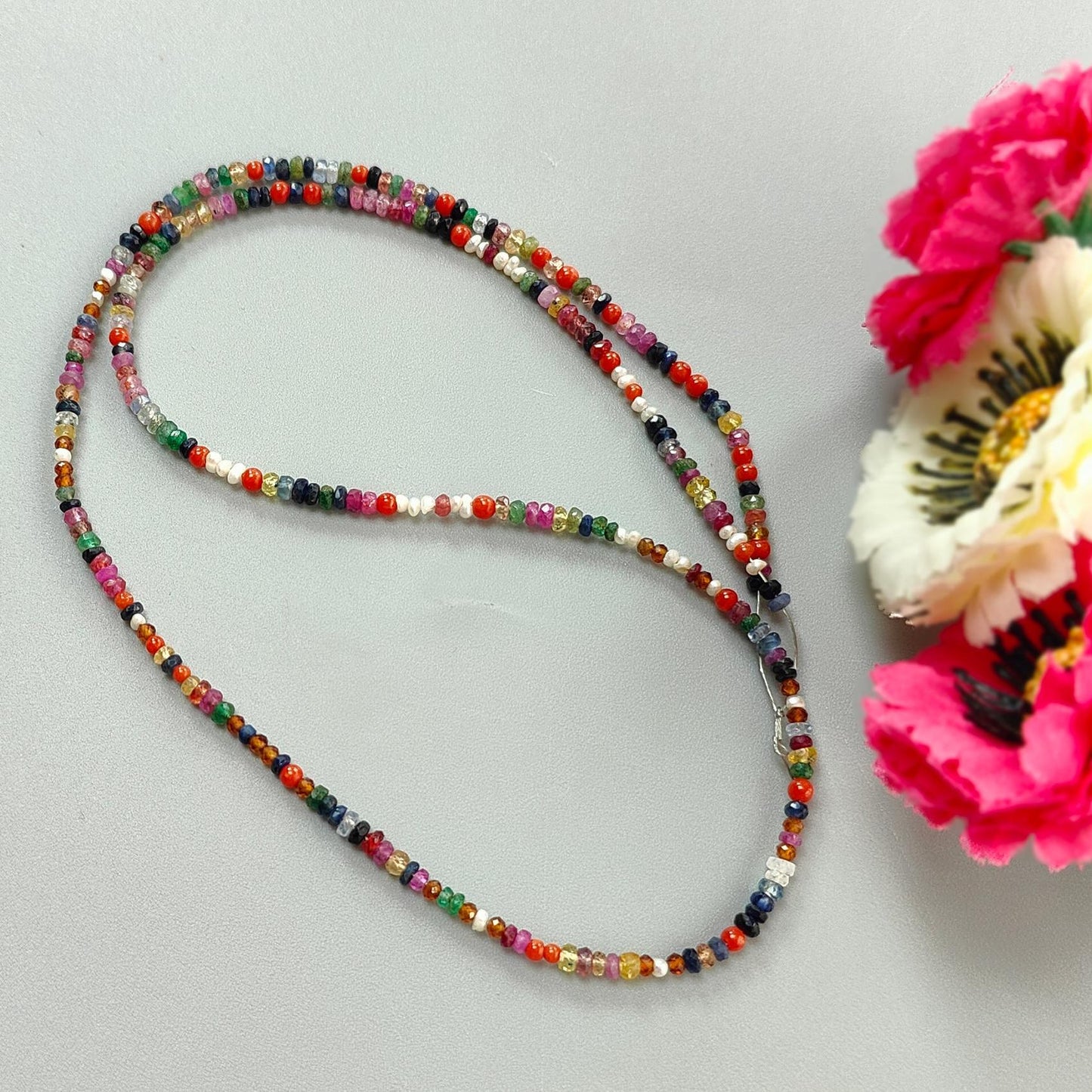 Natural Precious Gemstone NAVRATNA Multi Sapphire Round Pearl Coral Hessonite Emerald Ruby 28.50cts, 2.5mm - 3mm 18" Faceted Loose Beads