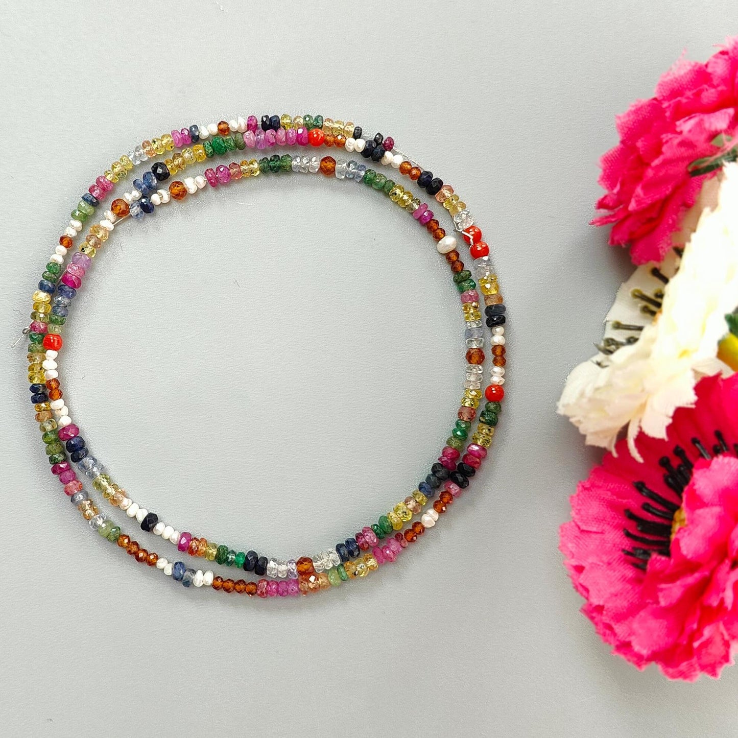 Natural Untreated Precious Gemstone NAVRATNA Multi Sapphire Round Pearl Coral Hessonite Emerald Ruby 31.70cts, 3mm 18" Faceted Loose Beads