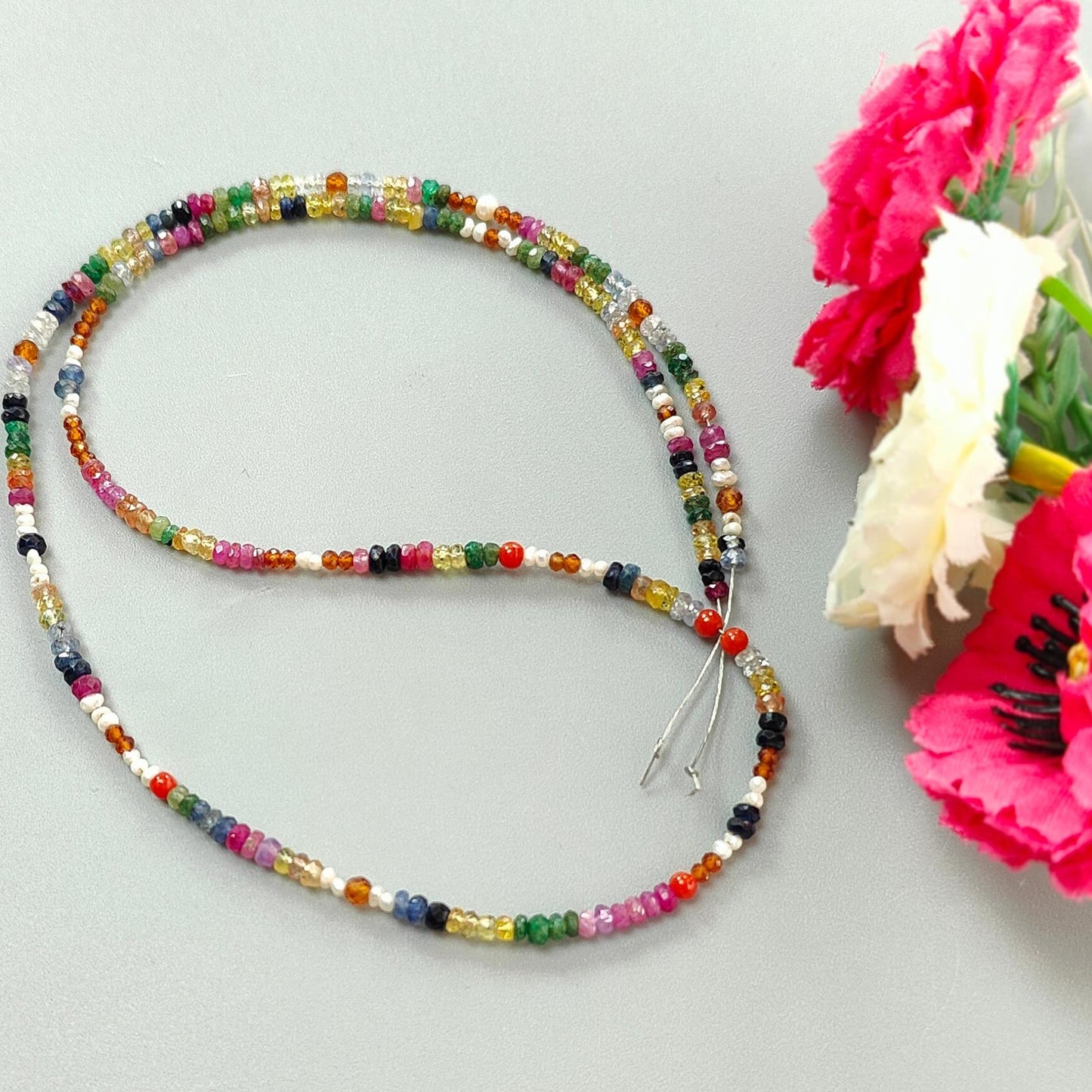 Natural Untreated Precious Gemstone NAVRATNA Multi Sapphire Round Pearl Coral Hessonite Emerald Ruby 31.70cts, 3mm 18" Faceted Loose Beads