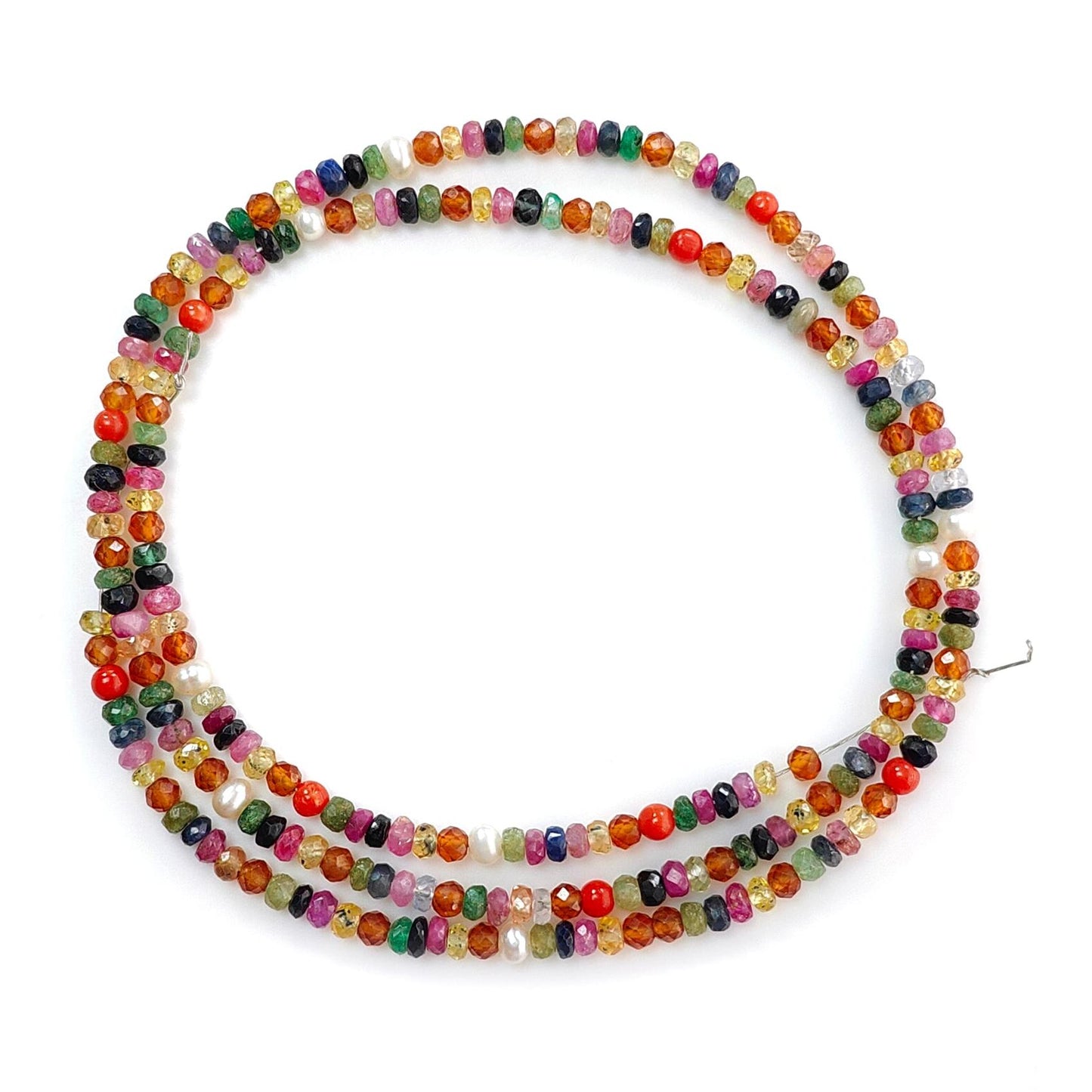 Natural Untreated Precious Gemstone NAVRATNA Multi Sapphire Round Pearl Coral Hessonite Emerald Ruby 40.10cts, 3mm 18" Faceted Loose Beads