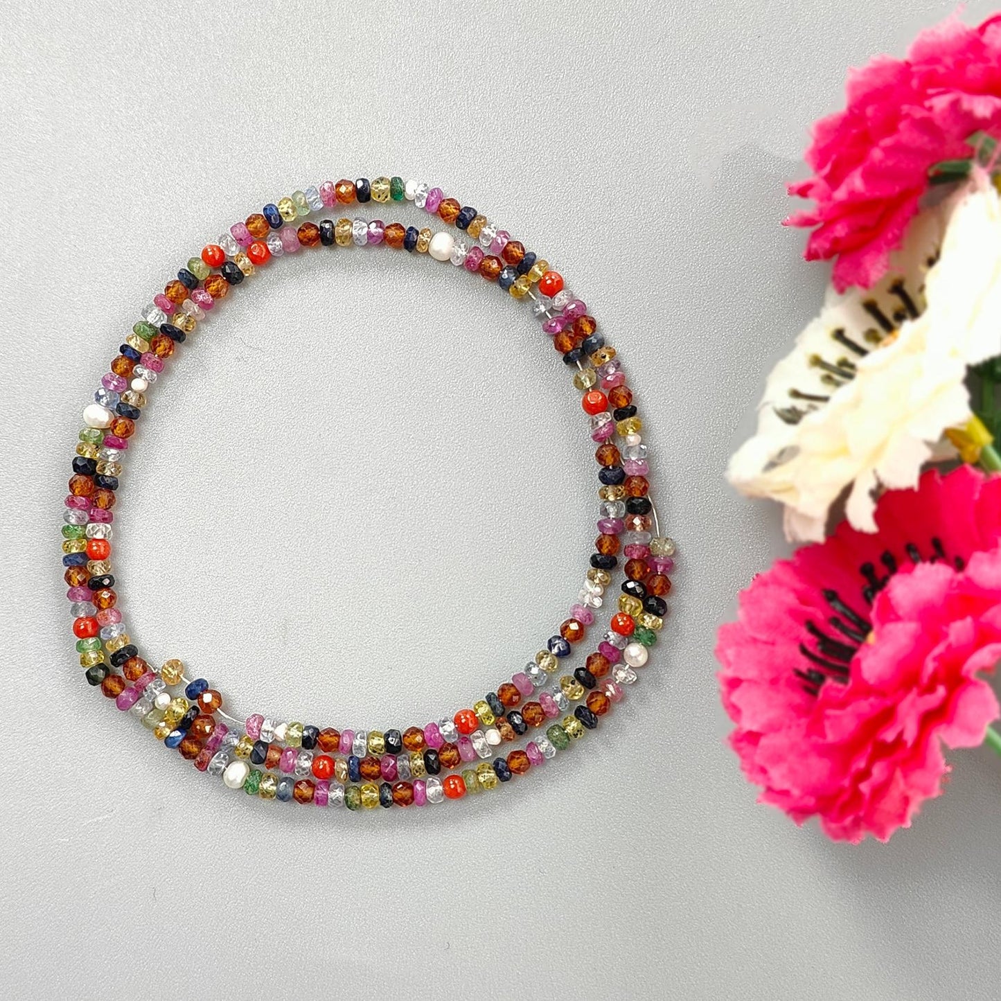 Natural Precious Gemstone NAVRATNA Multi Sapphire Round Pearl Coral Hessonite Emerald Ruby 41.30cts, 3mm - 3.5mm 18" Faceted Loose Beads