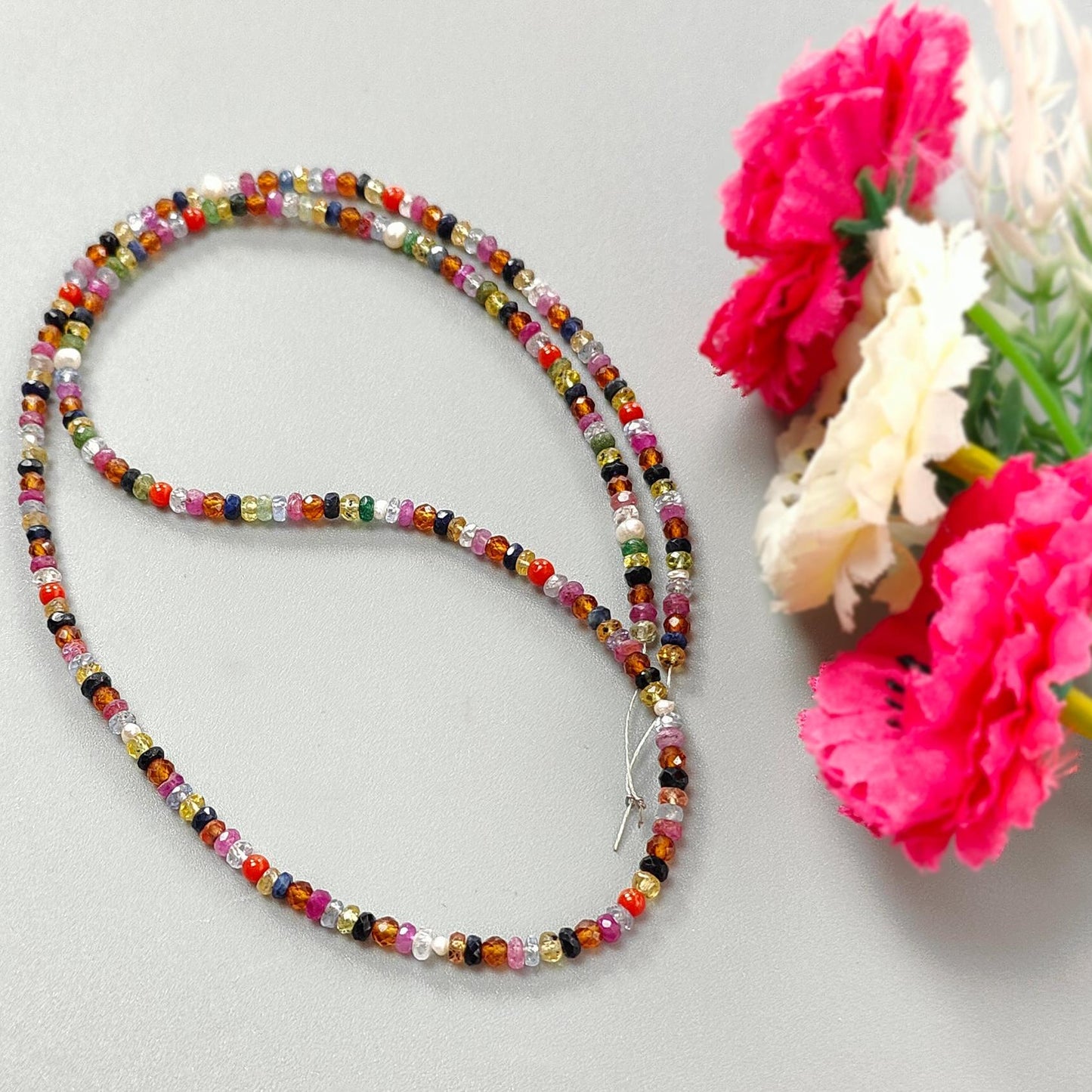 Natural Precious Gemstone NAVRATNA Multi Sapphire Round Pearl Coral Hessonite Emerald Ruby 41.30cts, 3mm - 3.5mm 18" Faceted Loose Beads