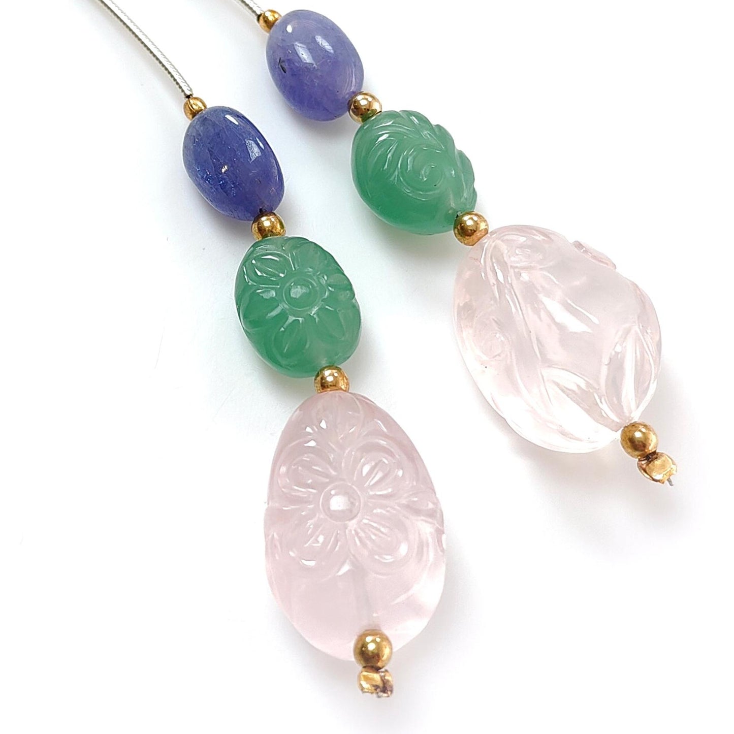 Rose Green Quartz & Blue Tanzanite Loose Beads: 75.00cts Natural Quartz Gemstone Hand Carved Oval Fancy Shape Brass Beads 11*8mm - 21*14mm