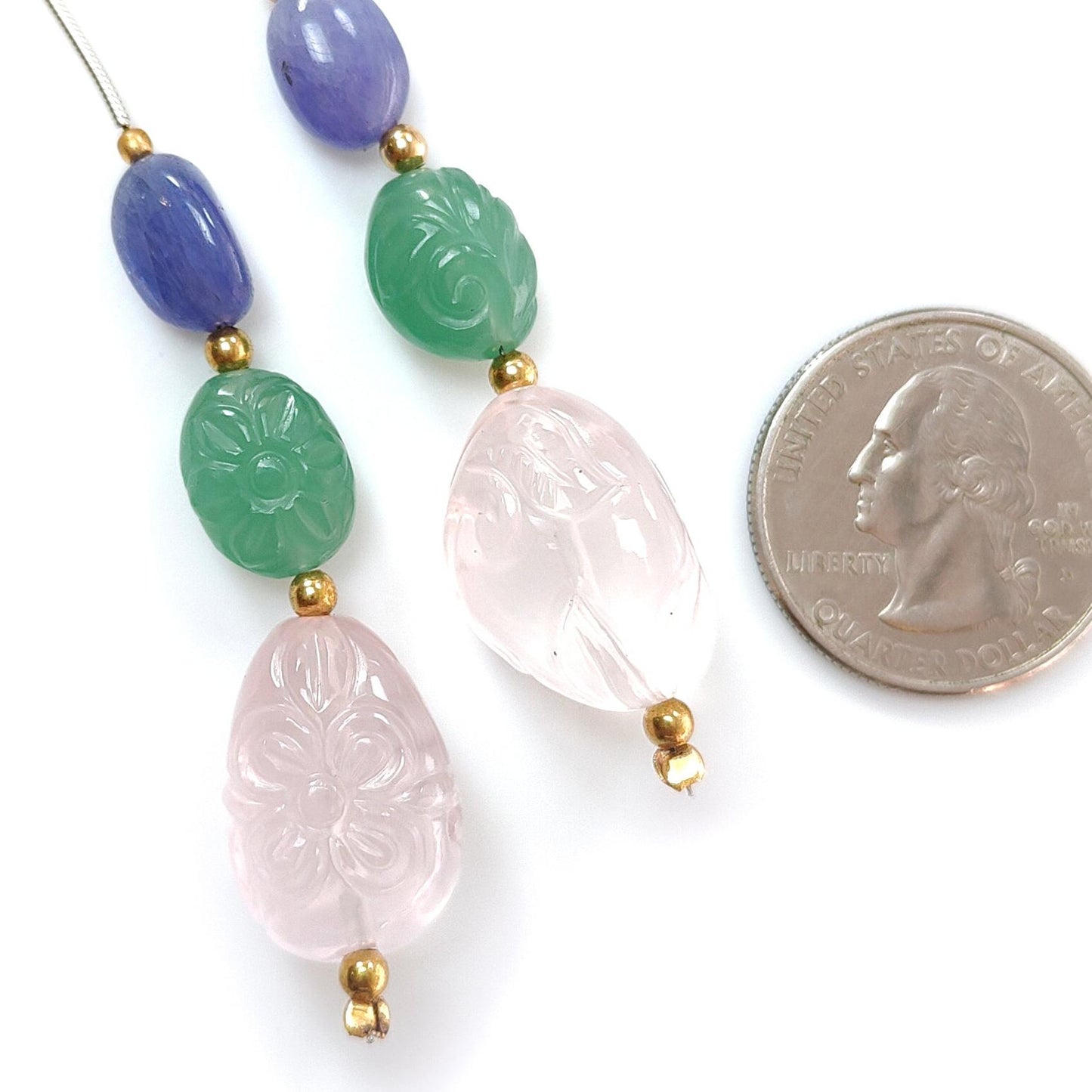 Rose Green Quartz & Blue Tanzanite Loose Beads: 75.00cts Natural Quartz Gemstone Hand Carved Oval Fancy Shape Brass Beads 11*8mm - 21*14mm