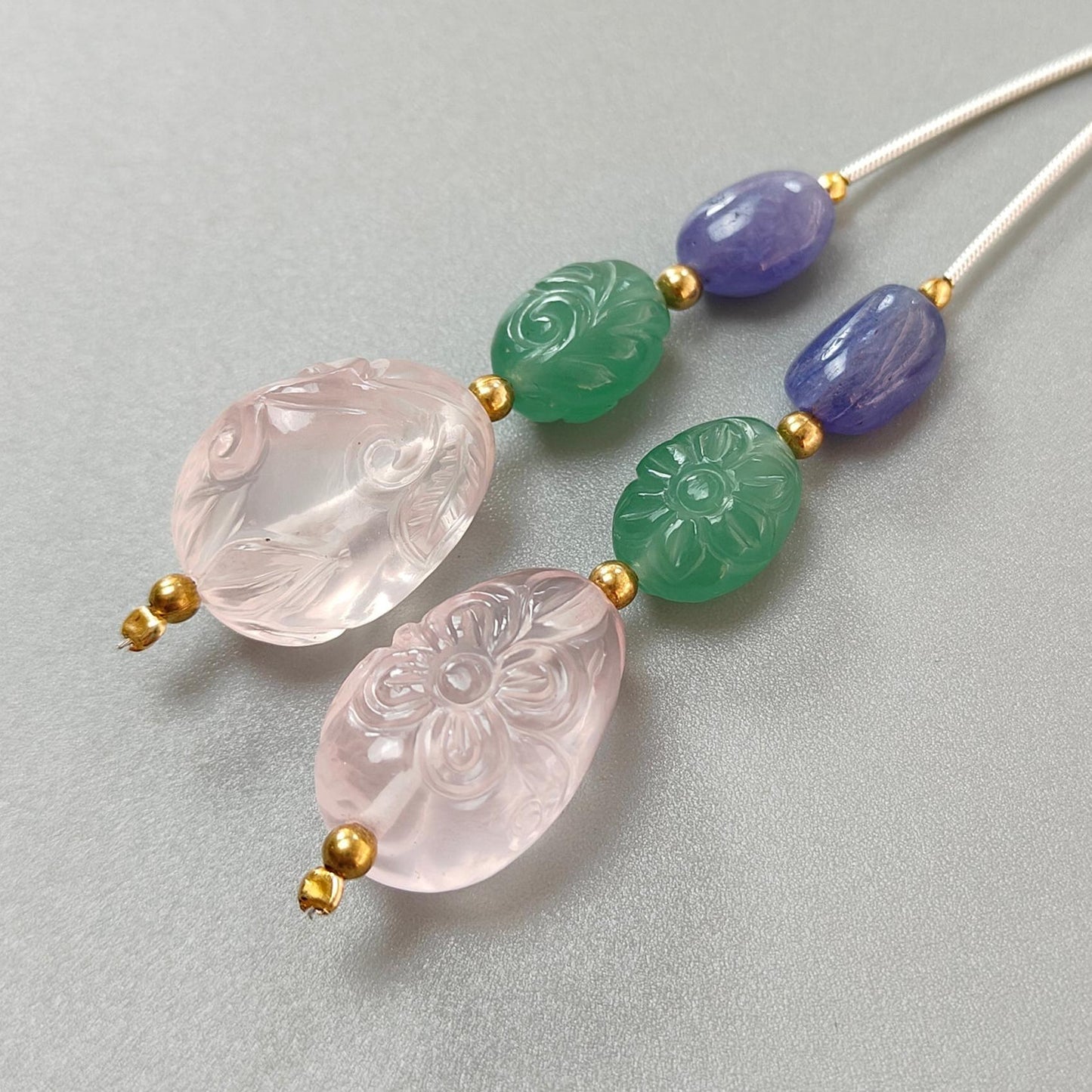 Rose Green Quartz & Blue Tanzanite Loose Beads: 75.00cts Natural Quartz Gemstone Hand Carved Oval Fancy Shape Brass Beads 11*8mm - 21*14mm