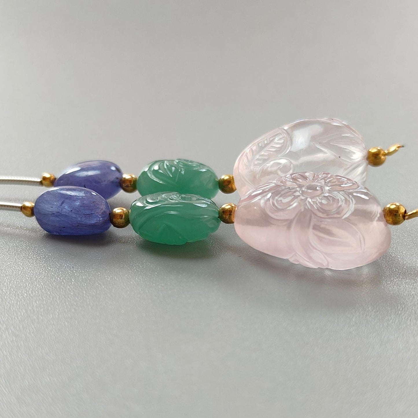 Rose Green Quartz & Blue Tanzanite Loose Beads: 75.00cts Natural Quartz Gemstone Hand Carved Oval Fancy Shape Brass Beads 11*8mm - 21*14mm