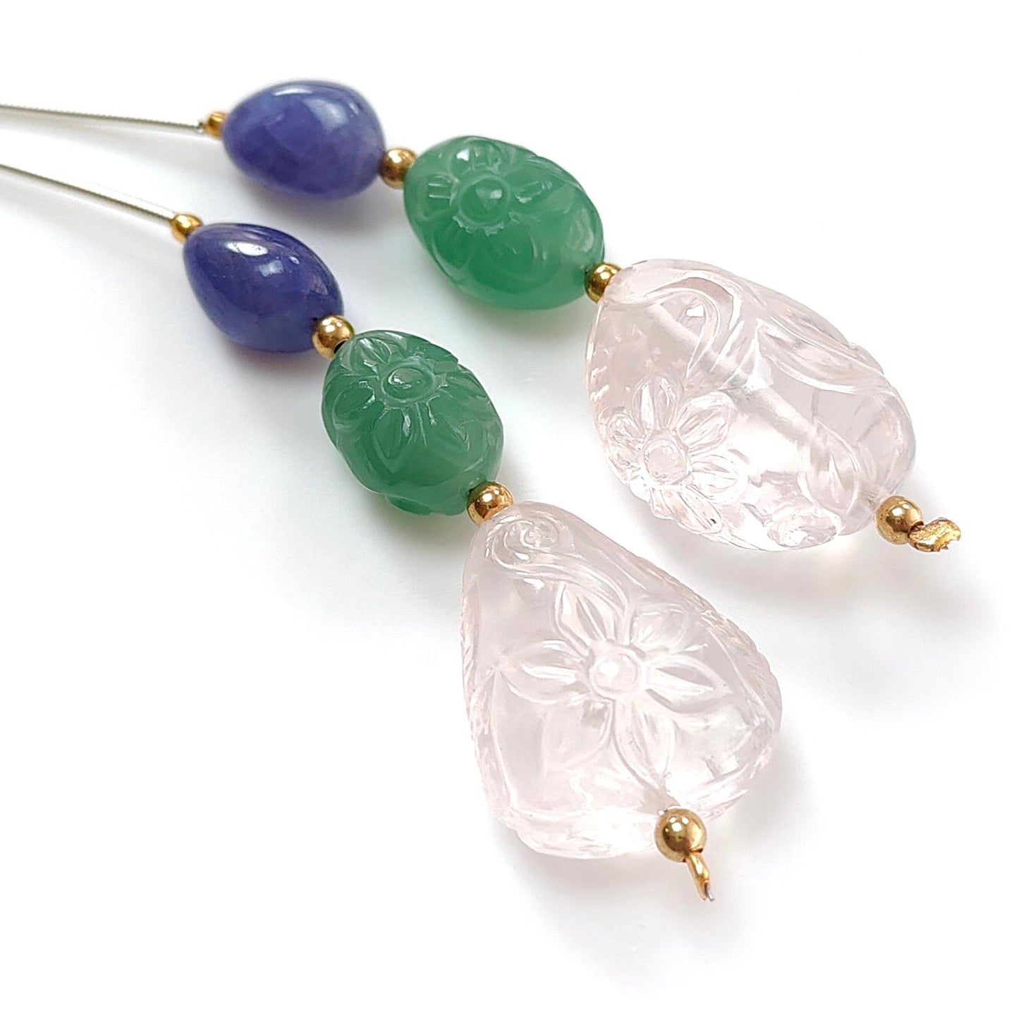 Rose Green Quartz & Blue Tanzanite Loose Beads: 97.70cts Natural Quartz Gemstone Hand Carved Oval Fancy Shape Brass Beads 12*9mm - 24*16mm