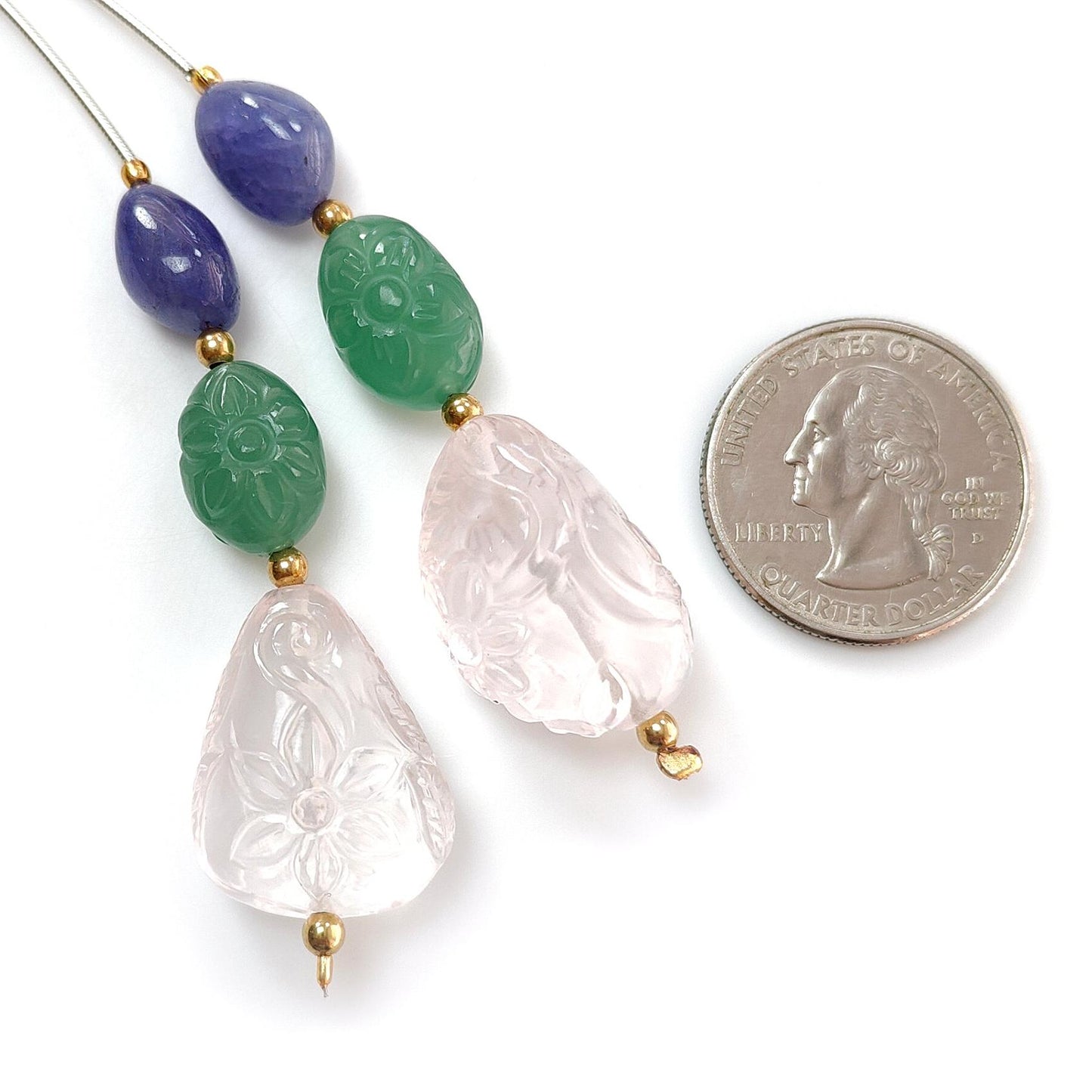 Rose Green Quartz & Blue Tanzanite Loose Beads: 97.70cts Natural Quartz Gemstone Hand Carved Oval Fancy Shape Brass Beads 12*9mm - 24*16mm