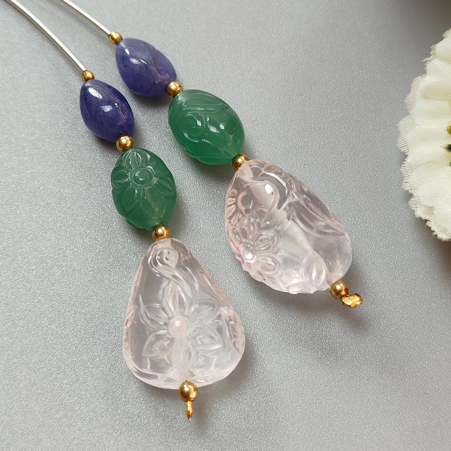 Rose Green Quartz & Blue Tanzanite Loose Beads: 97.70cts Natural Quartz Gemstone Hand Carved Oval Fancy Shape Brass Beads 12*9mm - 24*16mm