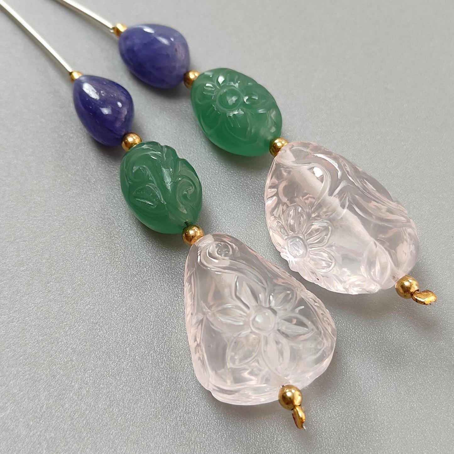 Rose Green Quartz & Blue Tanzanite Loose Beads: 97.70cts Natural Quartz Gemstone Hand Carved Oval Fancy Shape Brass Beads 12*9mm - 24*16mm