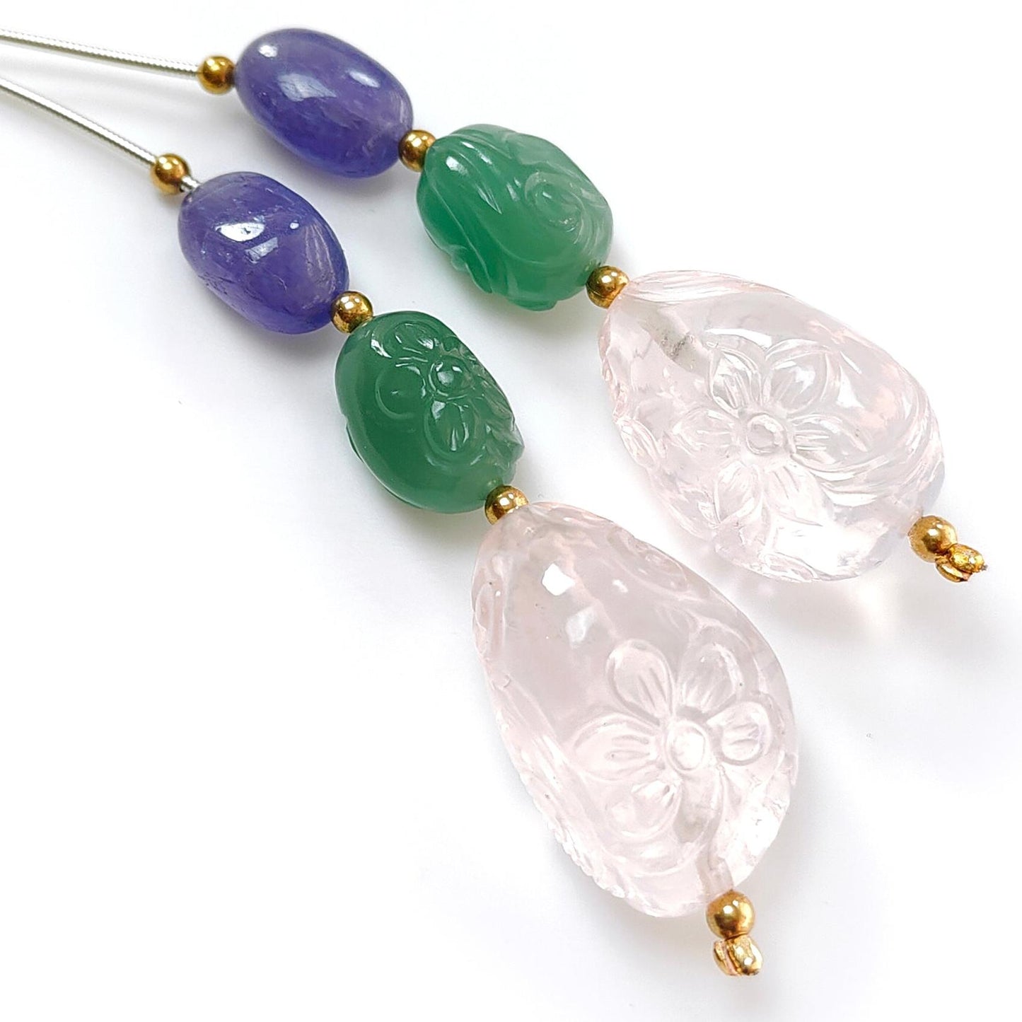 Rose Green Quartz & Blue Tanzanite Loose Beads: 132.40cts Natural Quartz Gemstone Hand Carved Oval Fancy Shape Brass Beads 14*9mm - 26*17mm