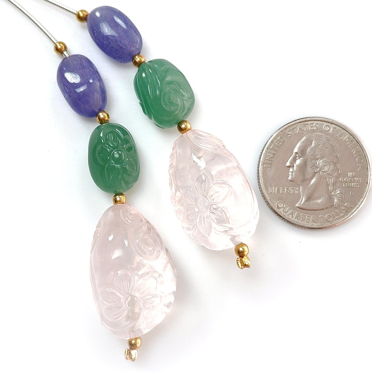 Rose Green Quartz & Blue Tanzanite Loose Beads: 132.40cts Natural Quartz Gemstone Hand Carved Oval Fancy Shape Brass Beads 14*9mm - 26*17mm