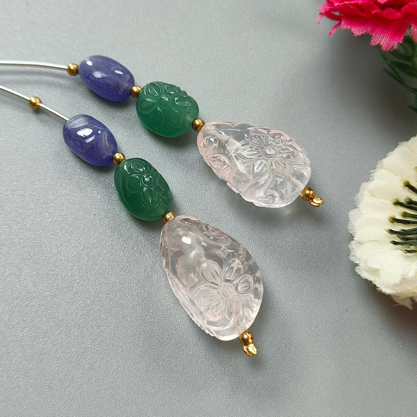 Rose Green Quartz & Blue Tanzanite Loose Beads: 132.40cts Natural Quartz Gemstone Hand Carved Oval Fancy Shape Brass Beads 14*9mm - 26*17mm