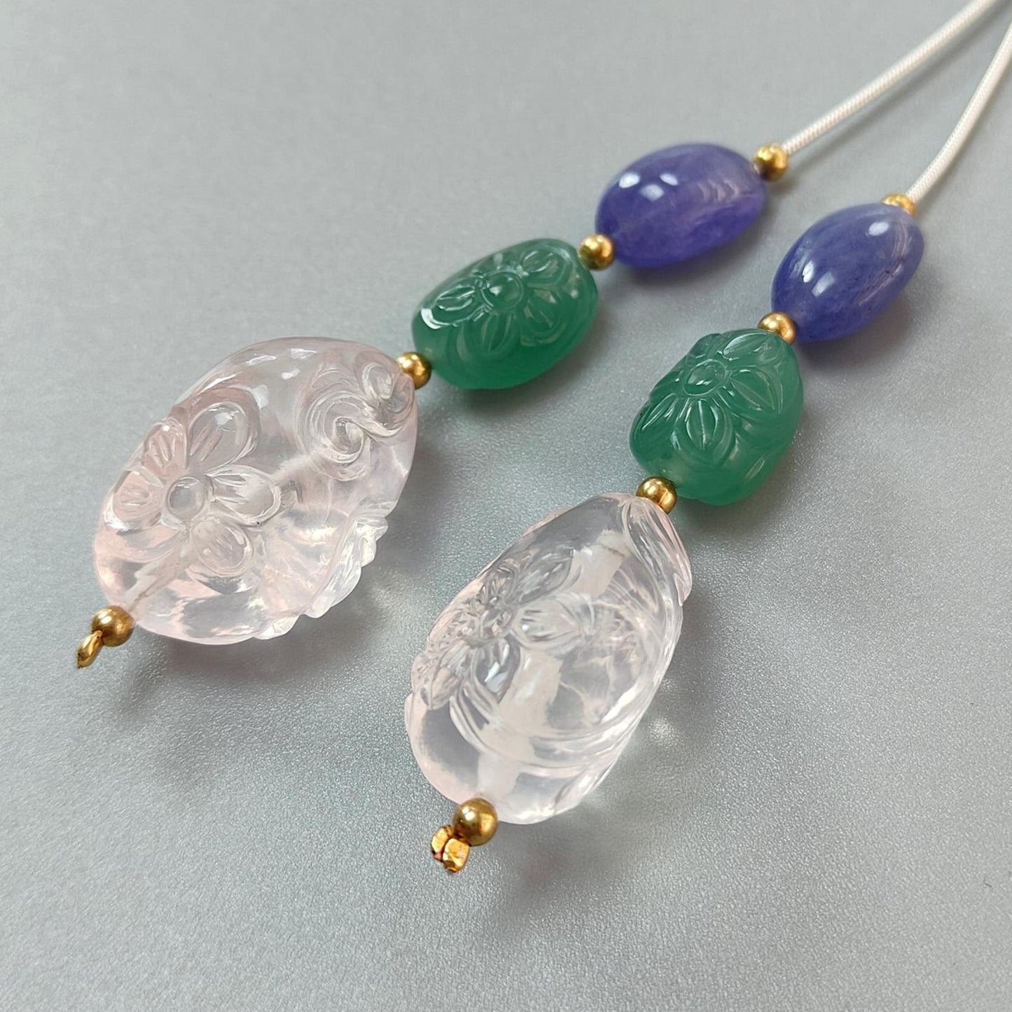 Rose Green Quartz & Blue Tanzanite Loose Beads: 132.40cts Natural Quartz Gemstone Hand Carved Oval Fancy Shape Brass Beads 14*9mm - 26*17mm