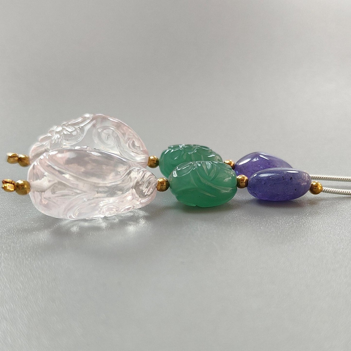 Rose Green Quartz & Blue Tanzanite Loose Beads: 132.40cts Natural Quartz Gemstone Hand Carved Oval Fancy Shape Brass Beads 14*9mm - 26*17mm