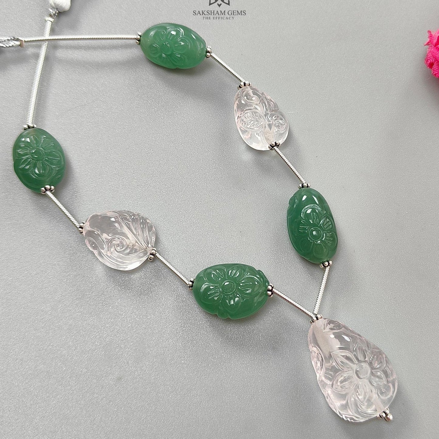 Rose Green Quartz Loose Tumble Beads: 122.60cts Natural Green Quartzite Gemstone Hand Carved Uneven 925 Sterling Silver 16*12mm - 25*17mm