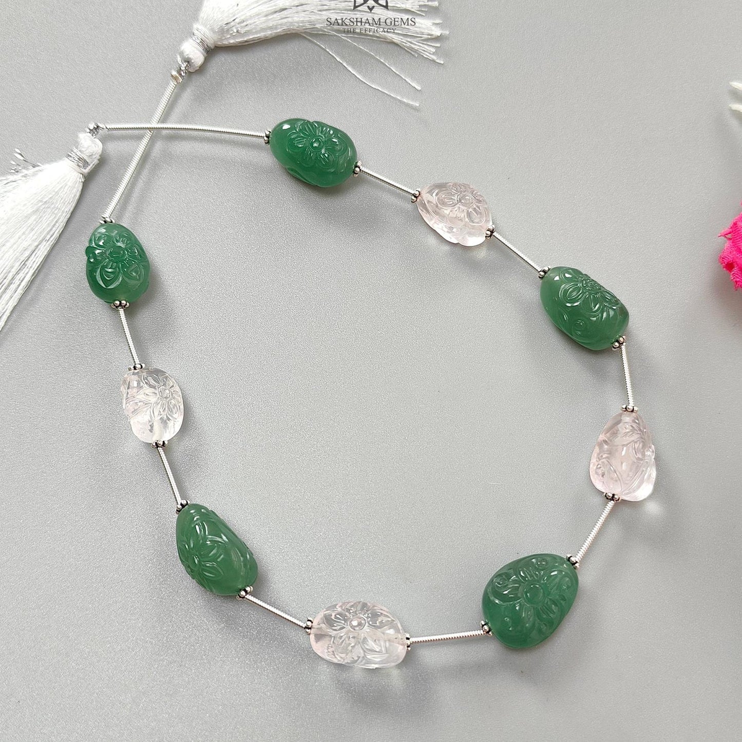 Rose Green Quartz Loose Tumble Beads: 142.00cts Natural Green Quartzite Gemstone Hand Carved Uneven 925 Sterling Silver 16*11mm - 19*12mm