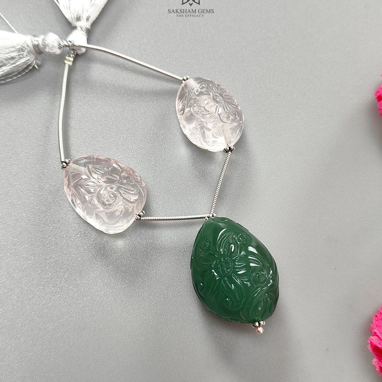 Rose Green Quartz Loose Tumble Beads: 152.50cts Natural Green Quartzite Gemstone Hand Carved Uneven 925 Sterling Silver 22*17mm - 29*21mm