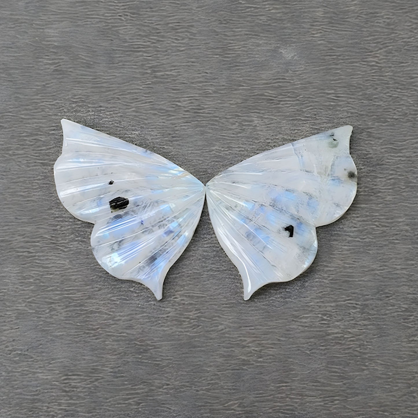 38.10cts Natural Untreated Rainbow Moonstone Gemstone Butterfly Carving 36*23mm Pair