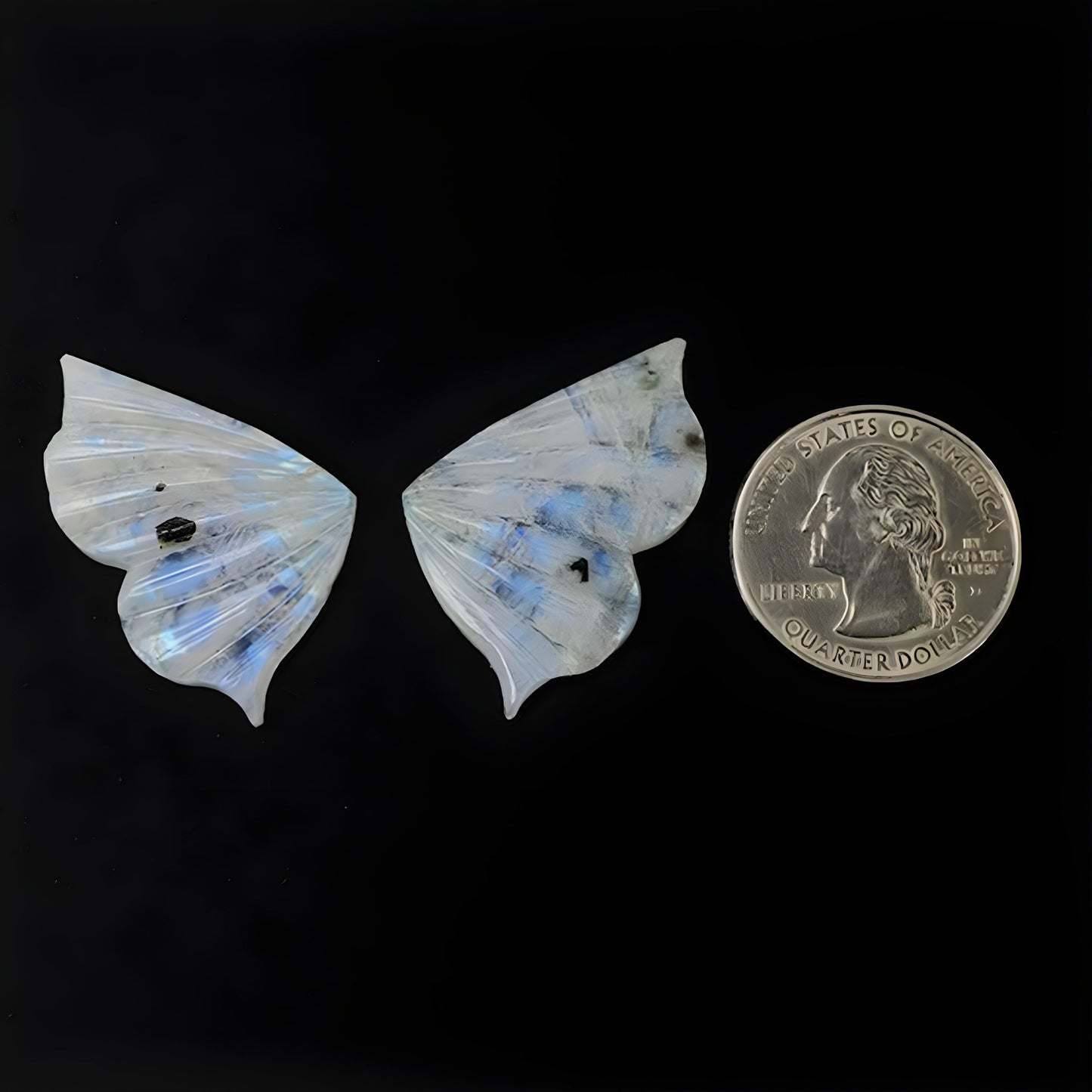 38.10cts Natural Untreated Rainbow Moonstone Gemstone Butterfly Carving 36*23mm Pair