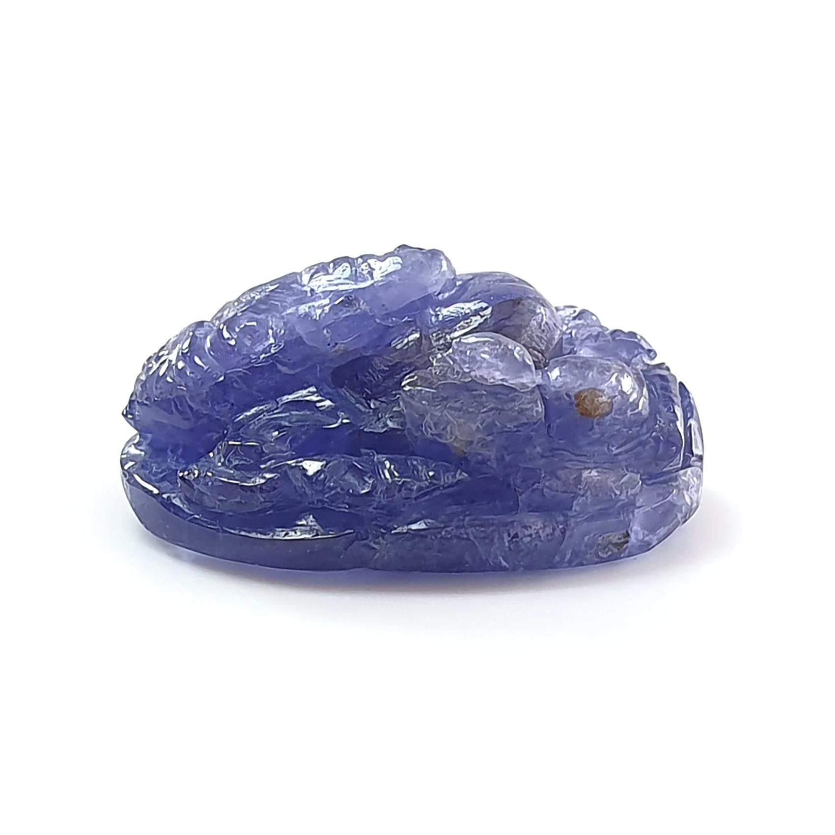 Raw tanzanite crystal on a white background with 'Saksham Gems' branding.