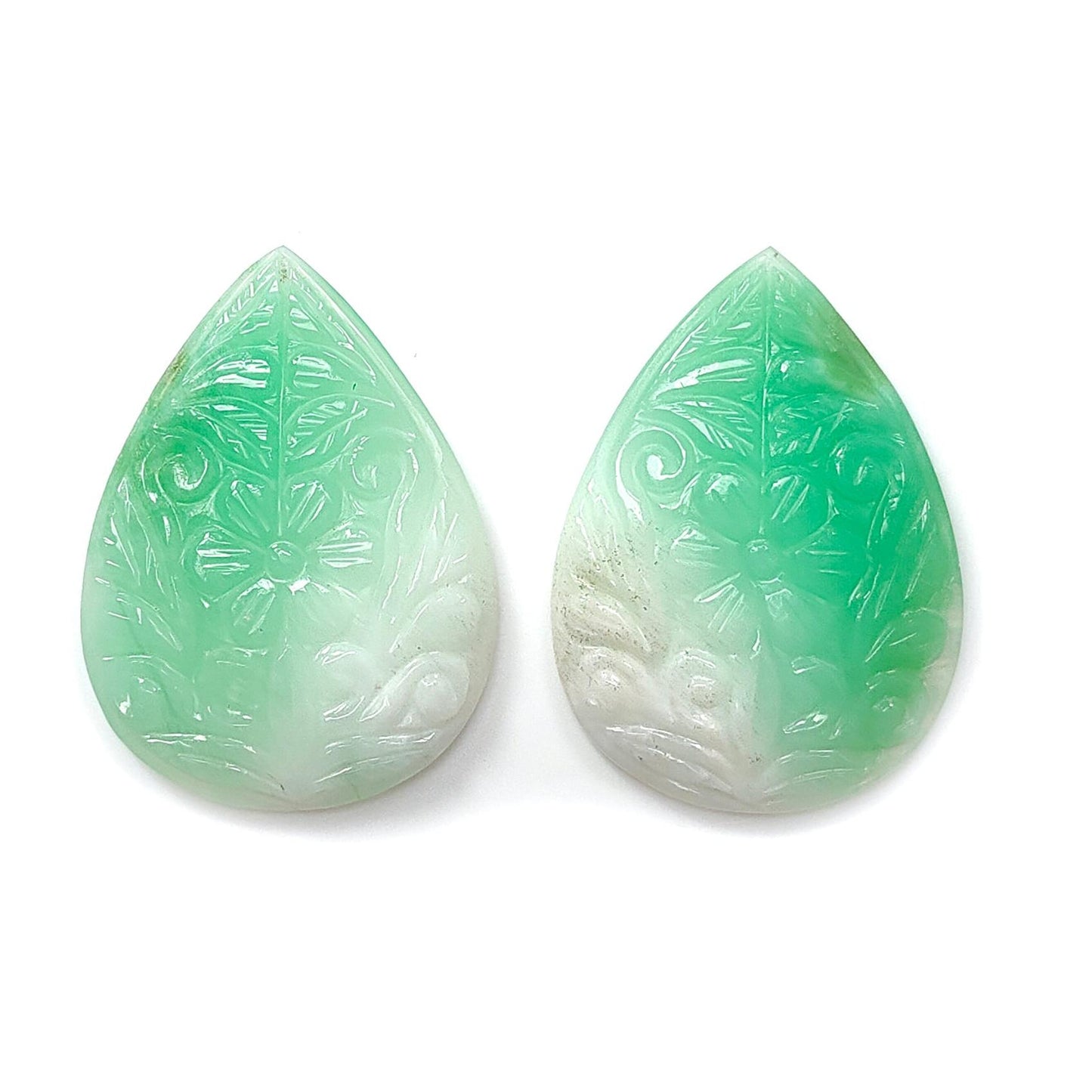 Green Chrysoprase Gemstone Carving: 58.10cts Natural Untreated Chrysoprase Hand Carved Pear Shape 37*17mm Pair for Jewelry May Birthstone