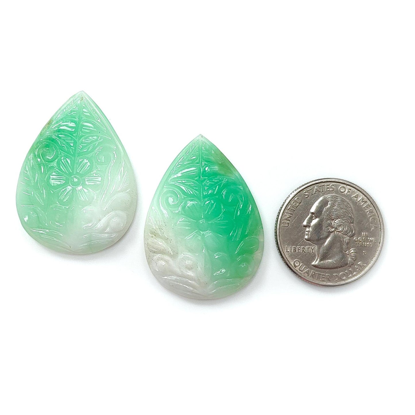 Green Chrysoprase Gemstone Carving: 58.10cts Natural Untreated Chrysoprase Hand Carved Pear Shape 37*17mm Pair for Jewelry May Birthstone