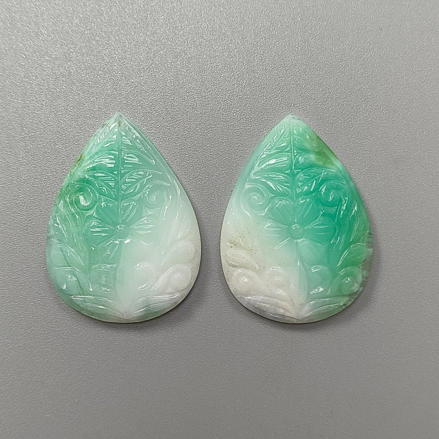 Green Chrysoprase Gemstone Carving: 58.10cts Natural Untreated Chrysoprase Hand Carved Pear Shape 37*17mm Pair for Jewelry May Birthstone
