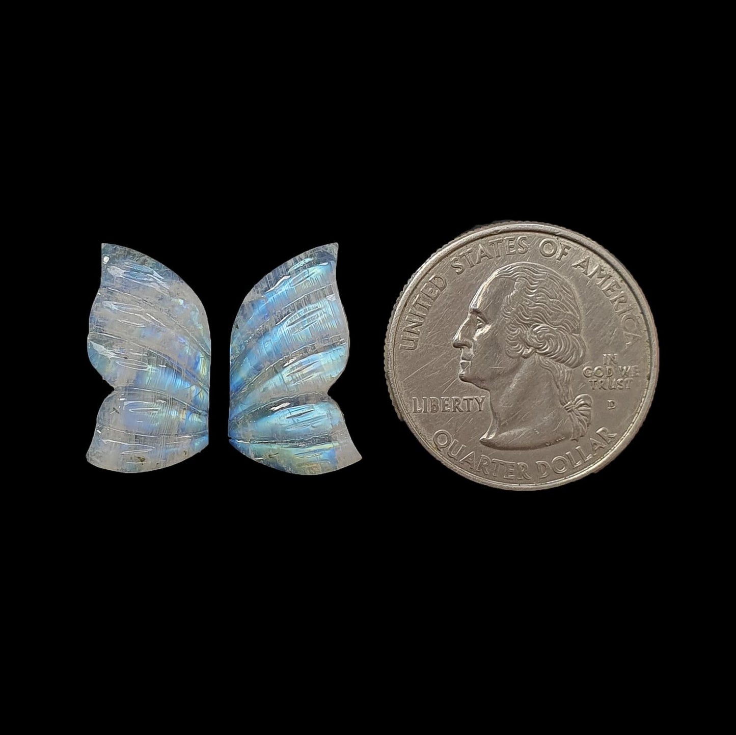 Rainbow Moonstone Gemstone Carving: 16.00cts Natural Untreated Moonstone & Golden Sapphire Hand Carved Butterfly, Oval Cut 20*11mm 3pcs Set