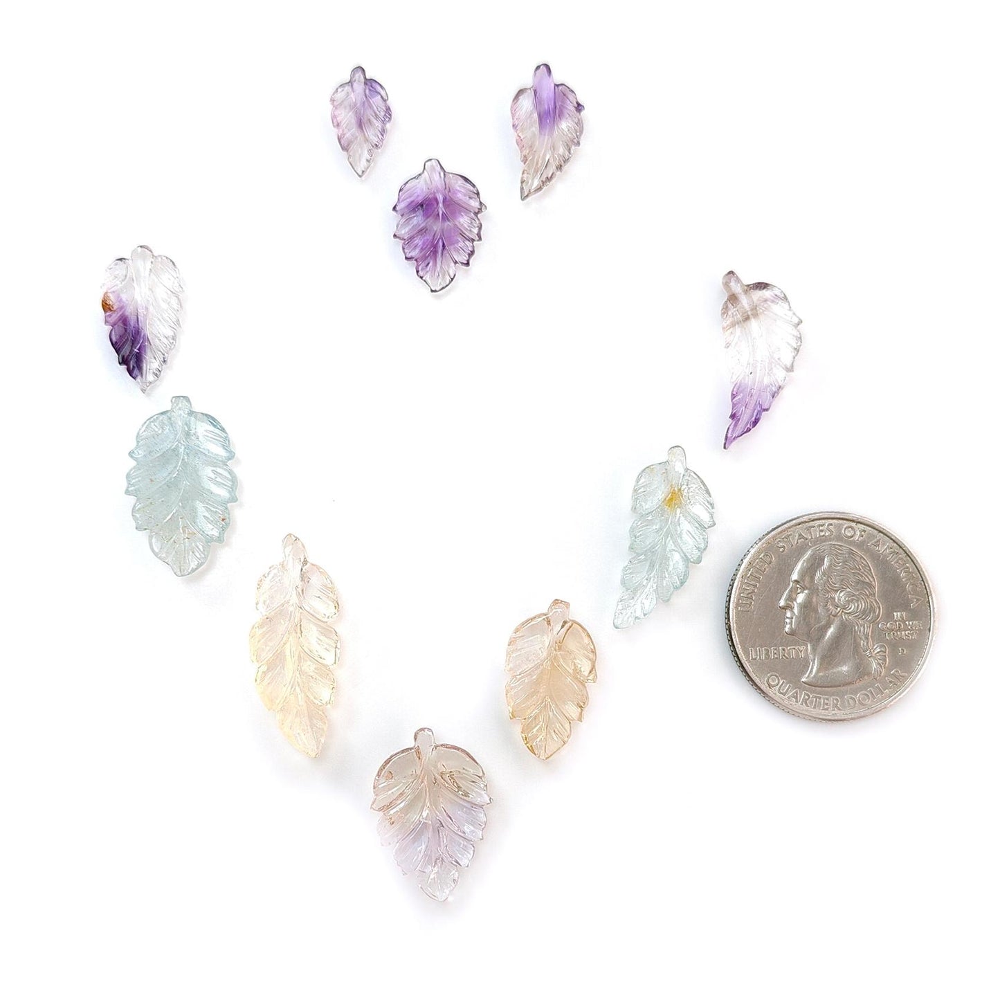 Amethyst, Citrine & Aquamarine Gemstone Carving: 34.80cts Natural Untreated Gemstones Hand Carved Leaves 13*7mm - 25.5*10mm 10pcs Set