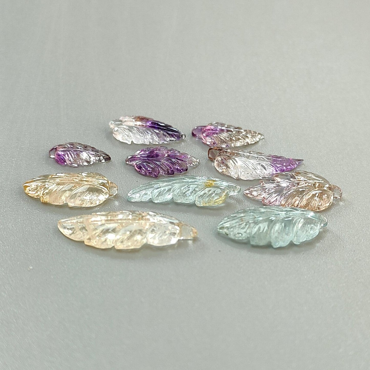 Amethyst, Citrine & Aquamarine Gemstone Carving: 34.80cts Natural Untreated Gemstones Hand Carved Leaves 13*7mm - 25.5*10mm 10pcs Set