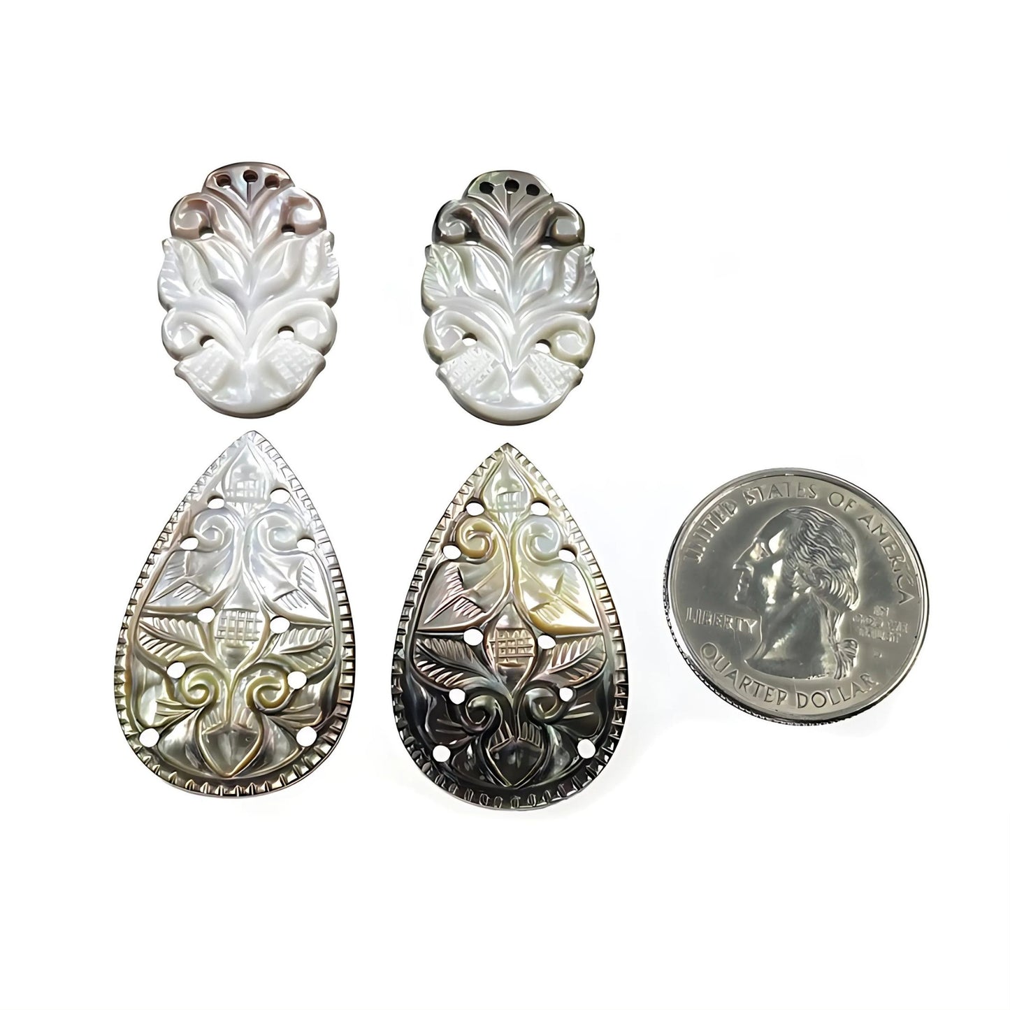 56.50cts Mother Of Pearl Gemstone Carving Natural Untreated Black Pear Shape 4pcs Set for Jewelry