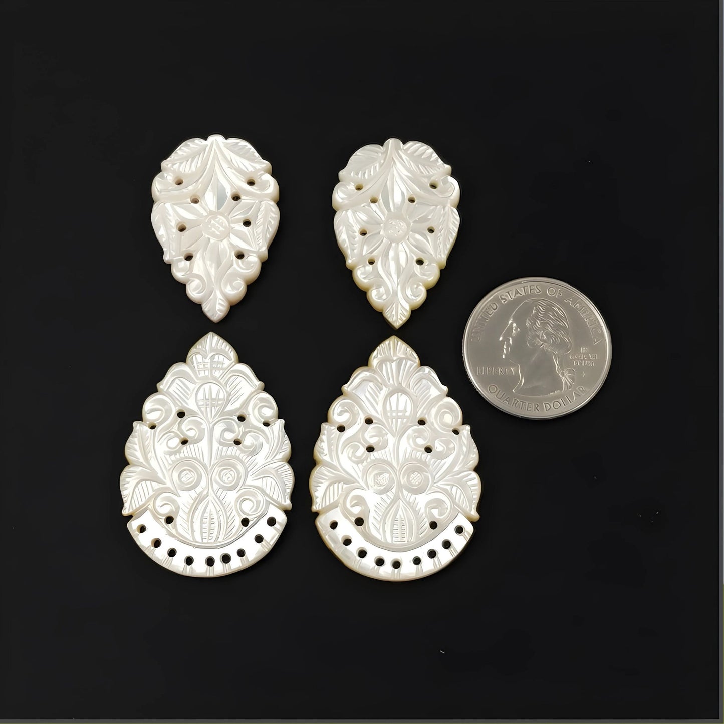 105.01cts Mother Of Pearl Gemstone Carving Natural Untreated White Pear Shape 4pcs Set