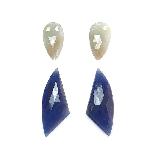 Multi Sapphire Gemstone Rose Cut Slices: 26.50cts Natural Untreated Blue, Yellow Sapphire Faceted Fancy Shape 17*9mm - 29*12mm 4pcs Set