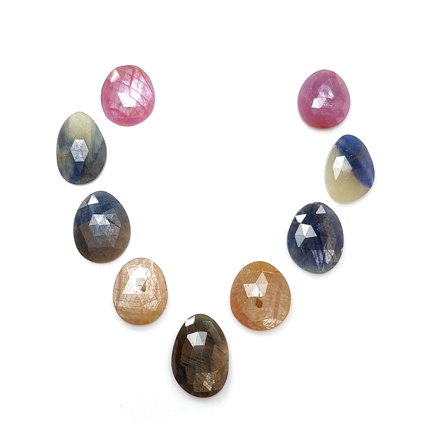 Multi Sapphire Gemstone Rose Cut Slices: 57.70cts Natural Untreated Sapphire Faceted Egg Shape 14*12.5mm - 18.5*14mm 9pcs Set for Jewelry