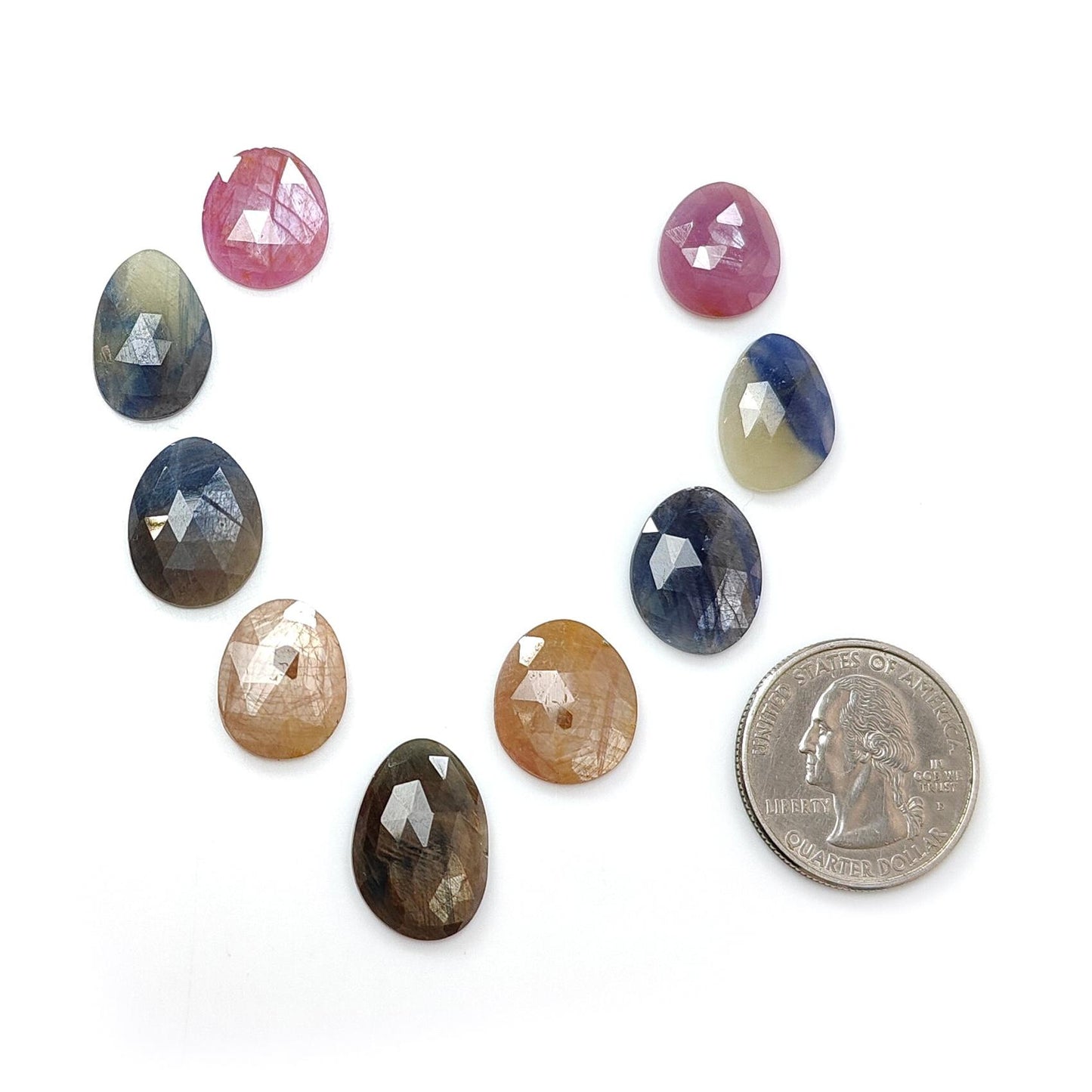 Multi Sapphire Gemstone Rose Cut Slices: 57.70cts Natural Untreated Sapphire Faceted Egg Shape 14*12.5mm - 18.5*14mm 9pcs Set for Jewelry